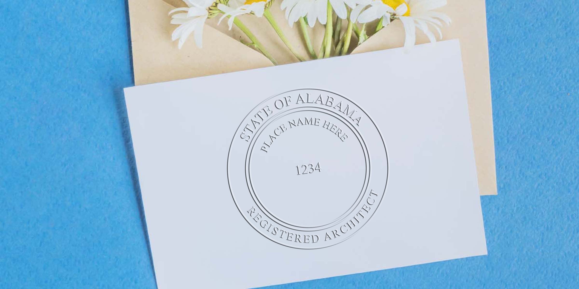 Digital Alabama architect seal embossed on a white card with daisies and a blue background, illustrating how to get an architect seal online.