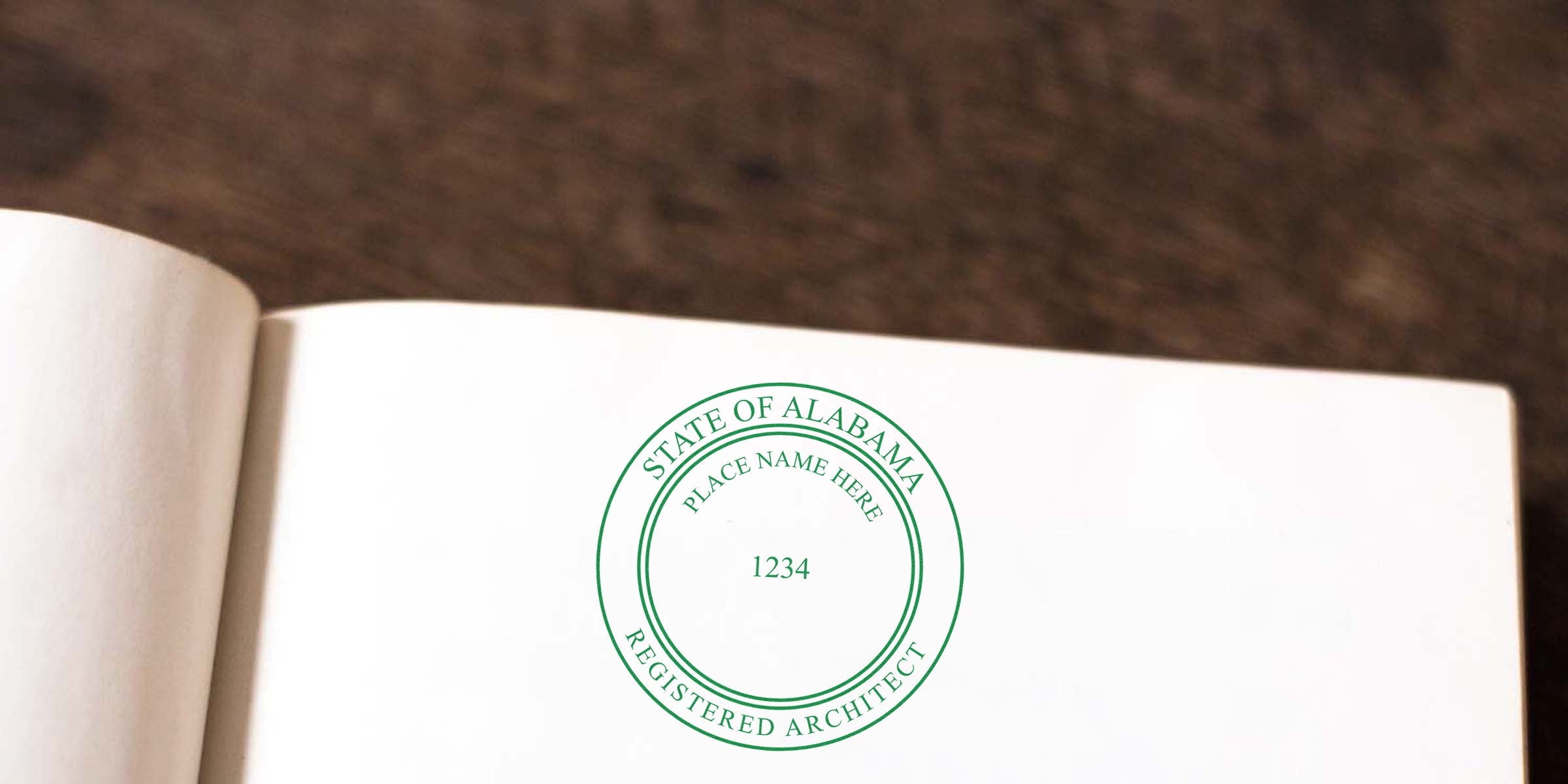 State of Alabama architect stamp on white paper, displaying registered architect seal for certification and compliance with architect stamp standards.