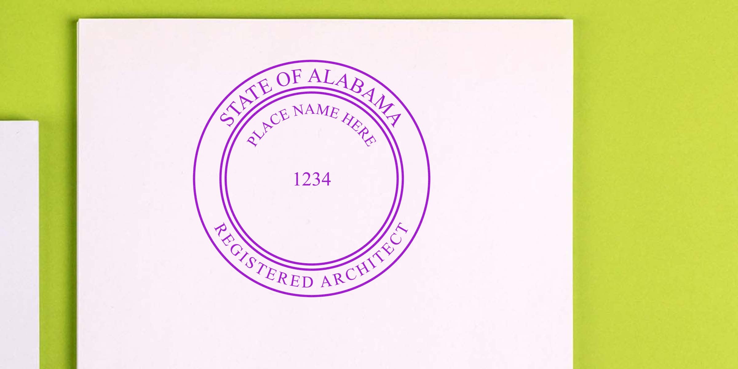 Alabama architect seal stamped on white paper, showing professional certification with details on stamp size and seal specifications for Alabama architects.