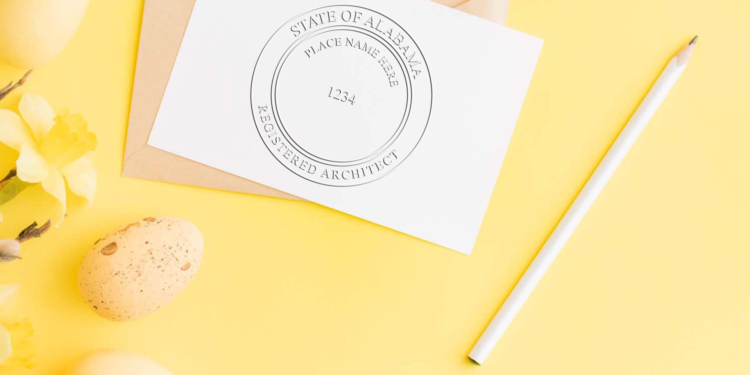Alabama architect embossed seal on white paper with pencil and yellow flowers on yellow background, displaying the official Alabama architect seal meeting embossed seal standards.
