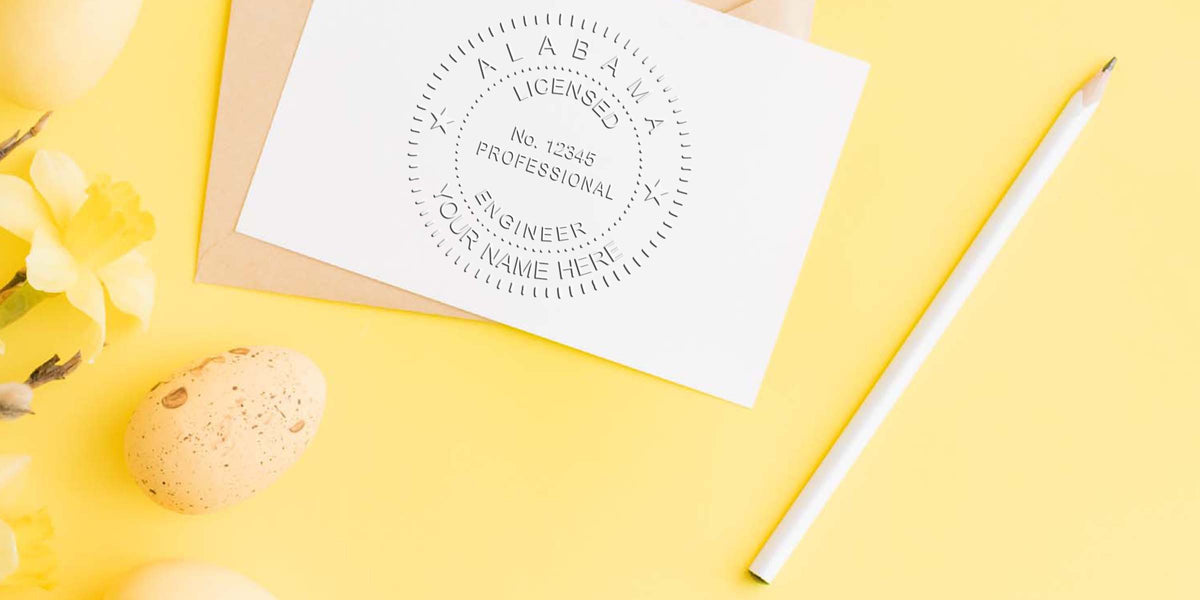 Alabama licensed professional engineer certificate with embosser, pencil, and decorative eggs on yellow background, featuring Alabama engineer embosser.
