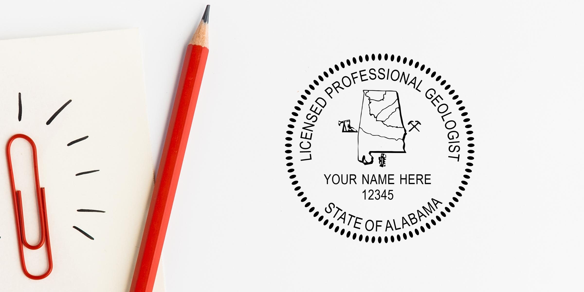 Licensed professional geologist stamp from Alabama with red pencil and paperclip on white background, showing Alabama geologist stamps and details on geologist stamp prices.