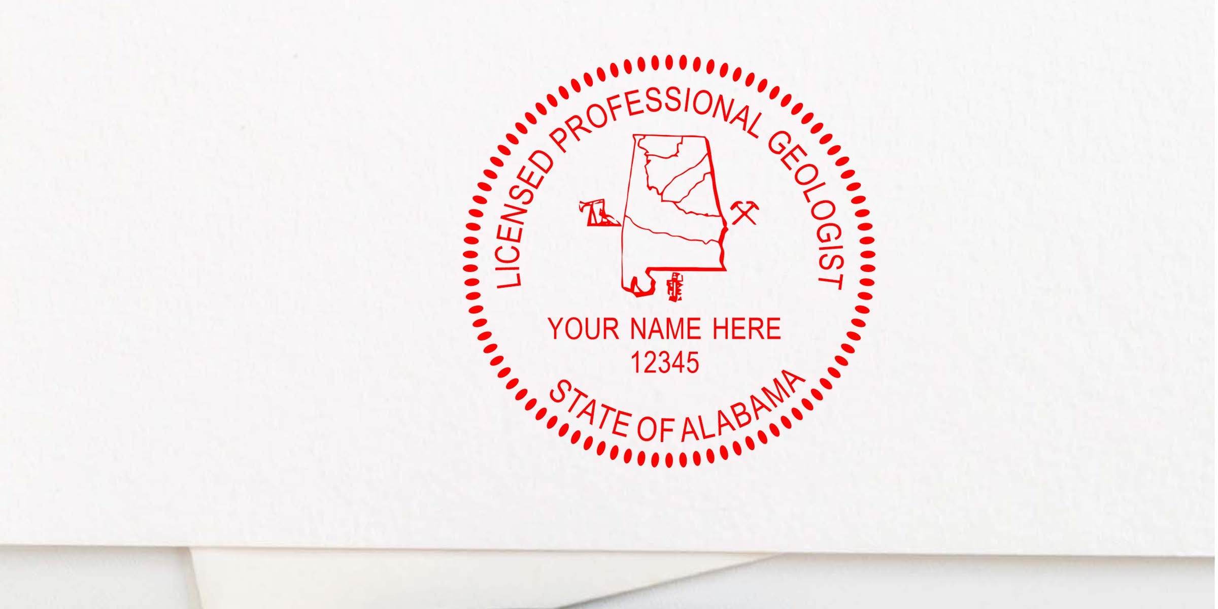 Alabama Geologist Seal with licensed geologist stamp, state map, and geological symbols in red ink on white paper, emphasizing the importance of the Geologist Emblem.