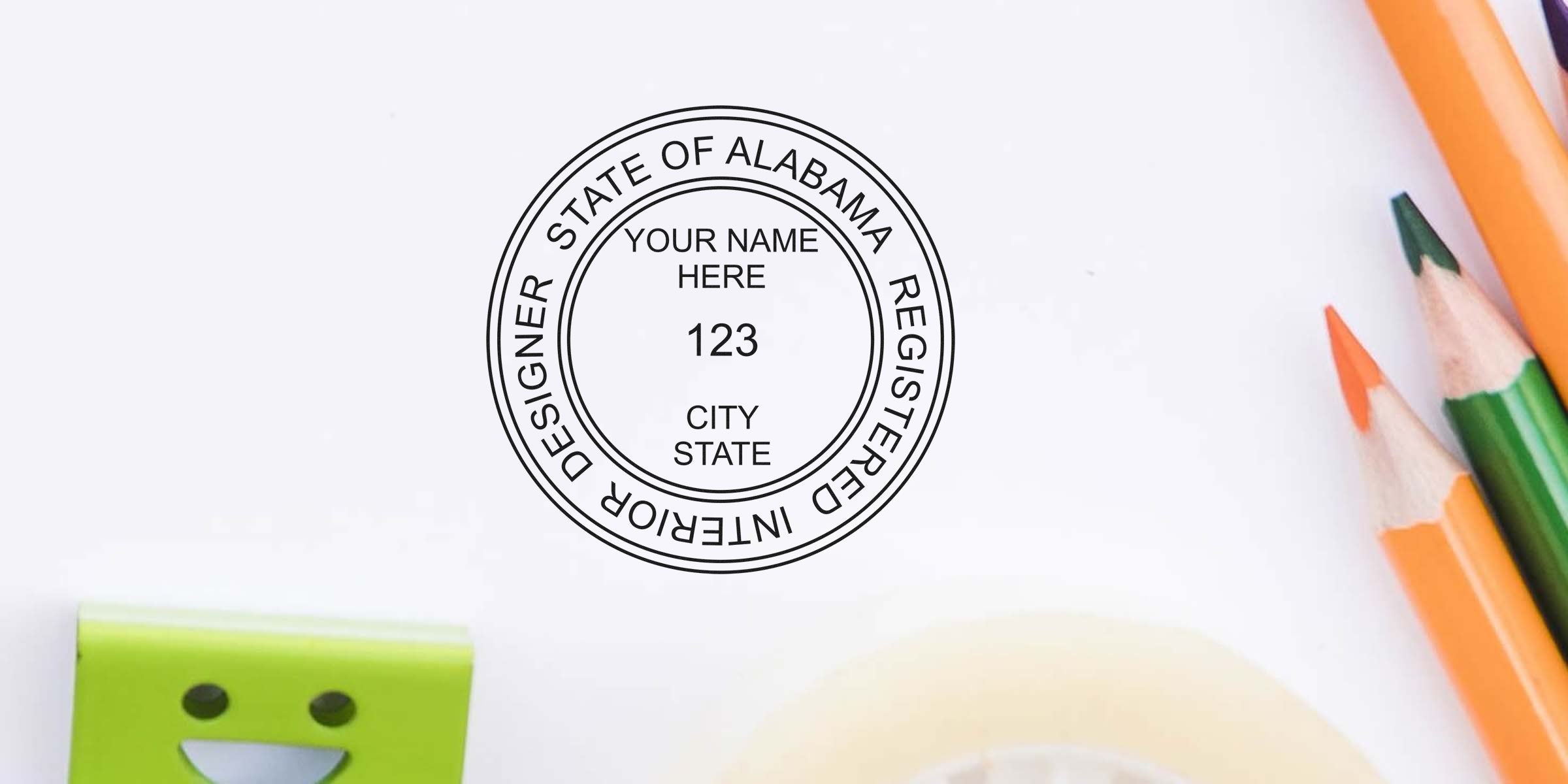 Interior Designer Stamp Alabama with colored pencils and stationery on white background, illustrating Alabama stamp rules.