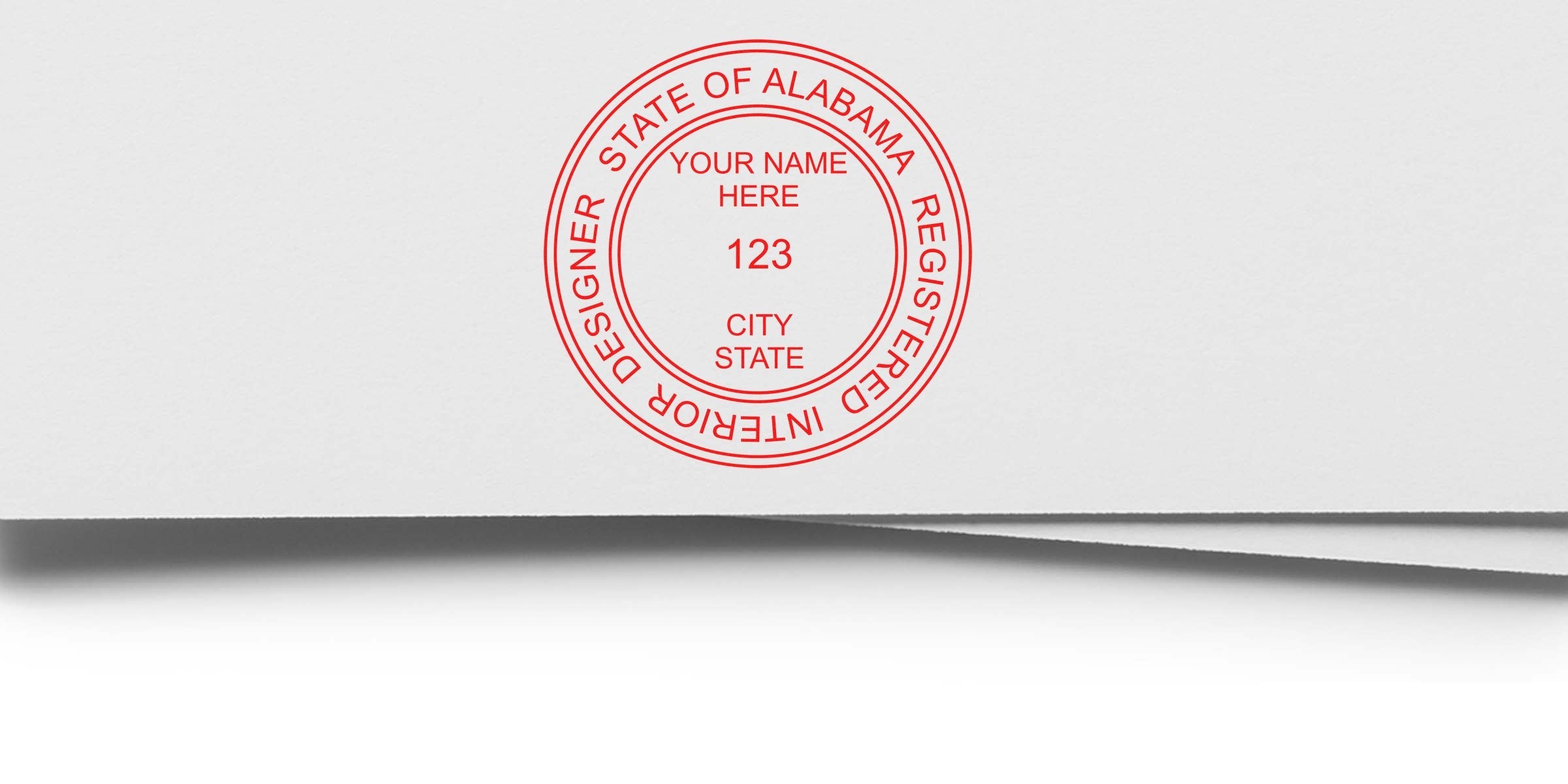 Red Alabama notary seal on white paper for certified document authentication, linked to Alabama interior designer stamp costs and interior design stamp fees.