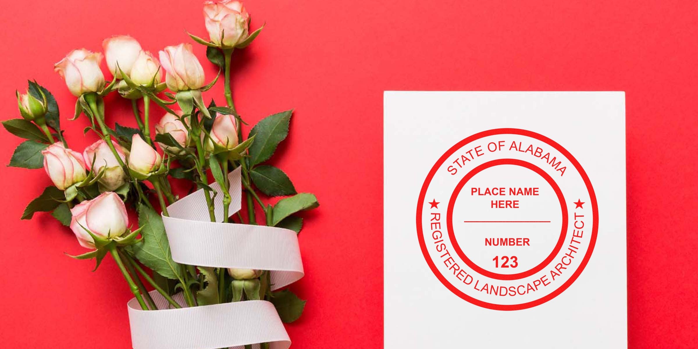 Pink rose bouquet with white ribbon beside Alabama landscape architect stamp and custom seal on red background.