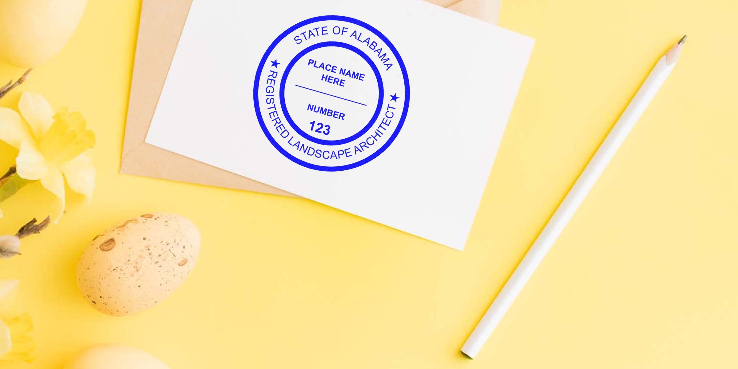 Registered Landscape Architect stamp on white envelope with yellow flowers and pencil on yellow background, highlighting Alabama Landscape Architect Stamps and top deals for license verification.