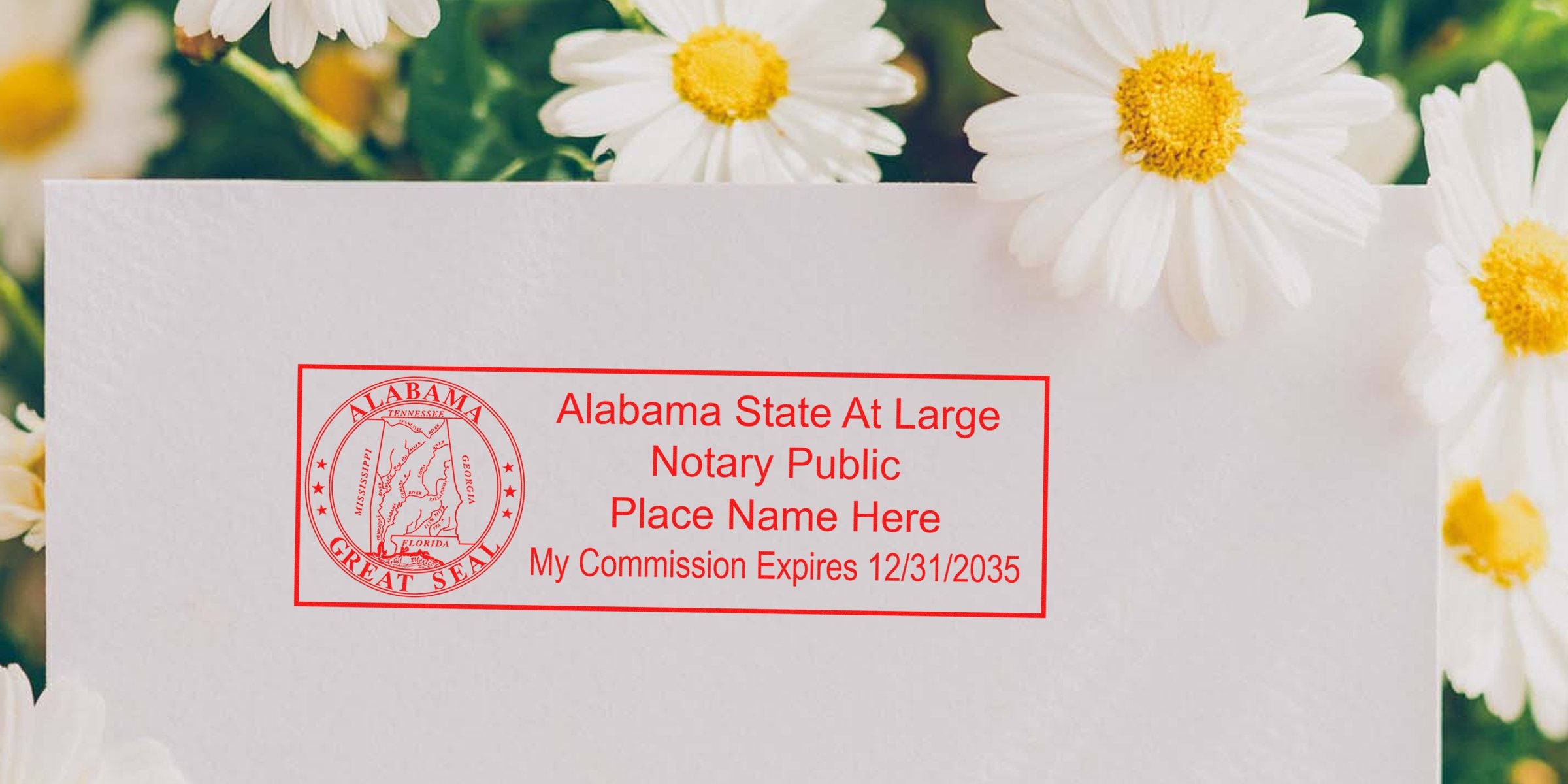 Alabama State At-Large Notary Public seal with daisies background, commission expiration date, and key Alabama notary supplies from a Notary kit.