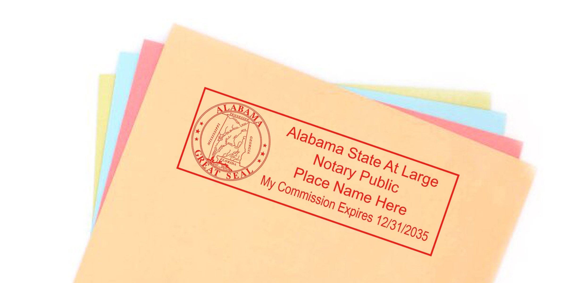 Alabama notary public seal stamped on colored paper for official documents, complying with Alabama notary seal requirements.