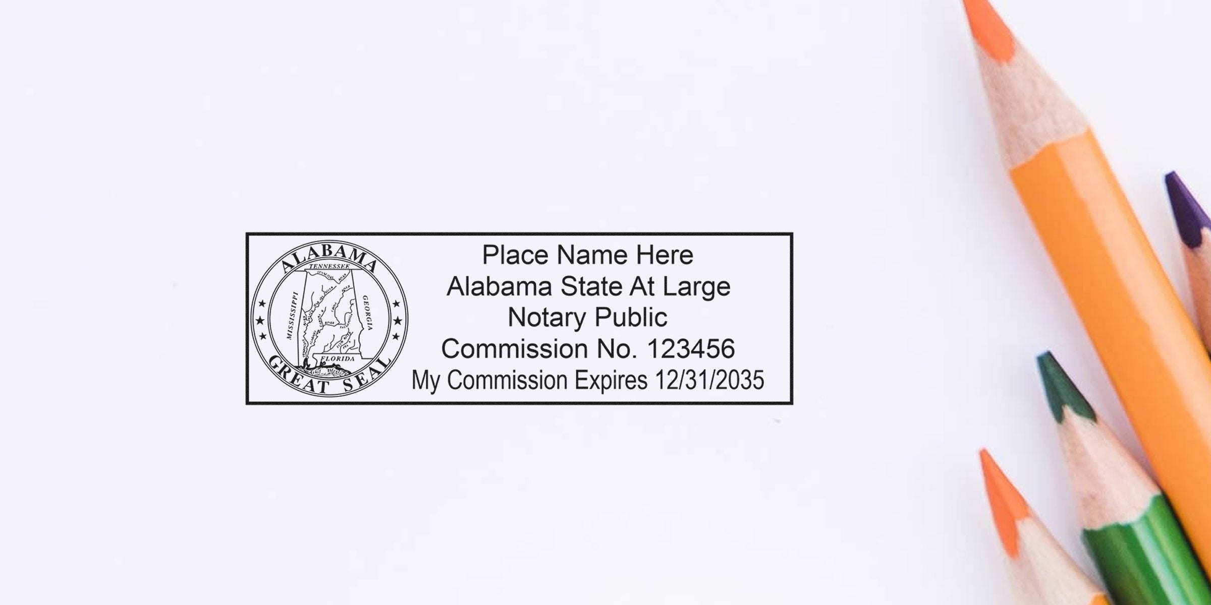 Alabama notary stamp showing commission number and expiration date on white background with colored pencils, highlighting Notary Supplies Alabama and Alabama Notary Options.