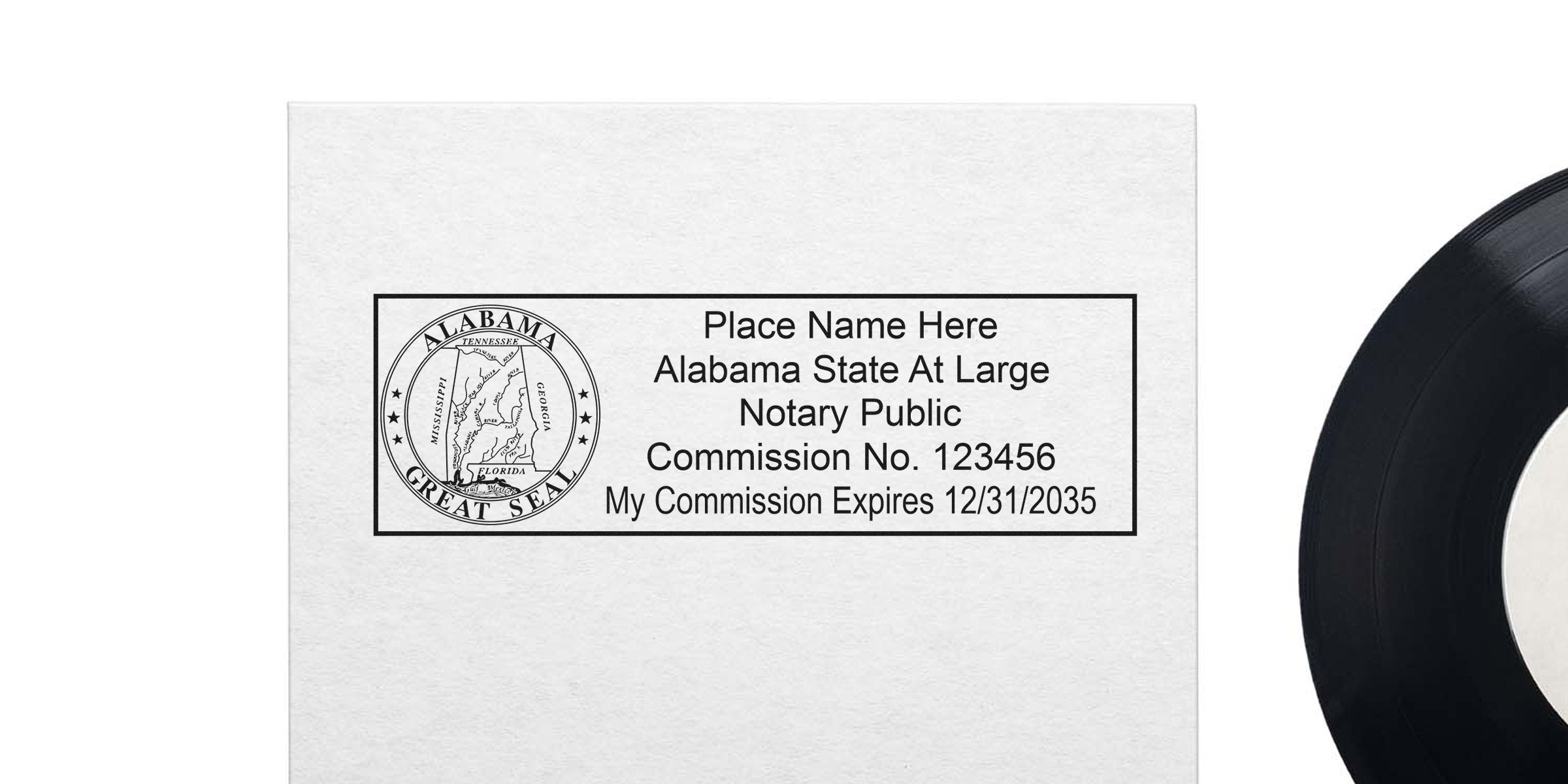 Alabama notary stamp on white paper, displaying state seal and commission expiration date, illustrating the Alabama notary stamp format.