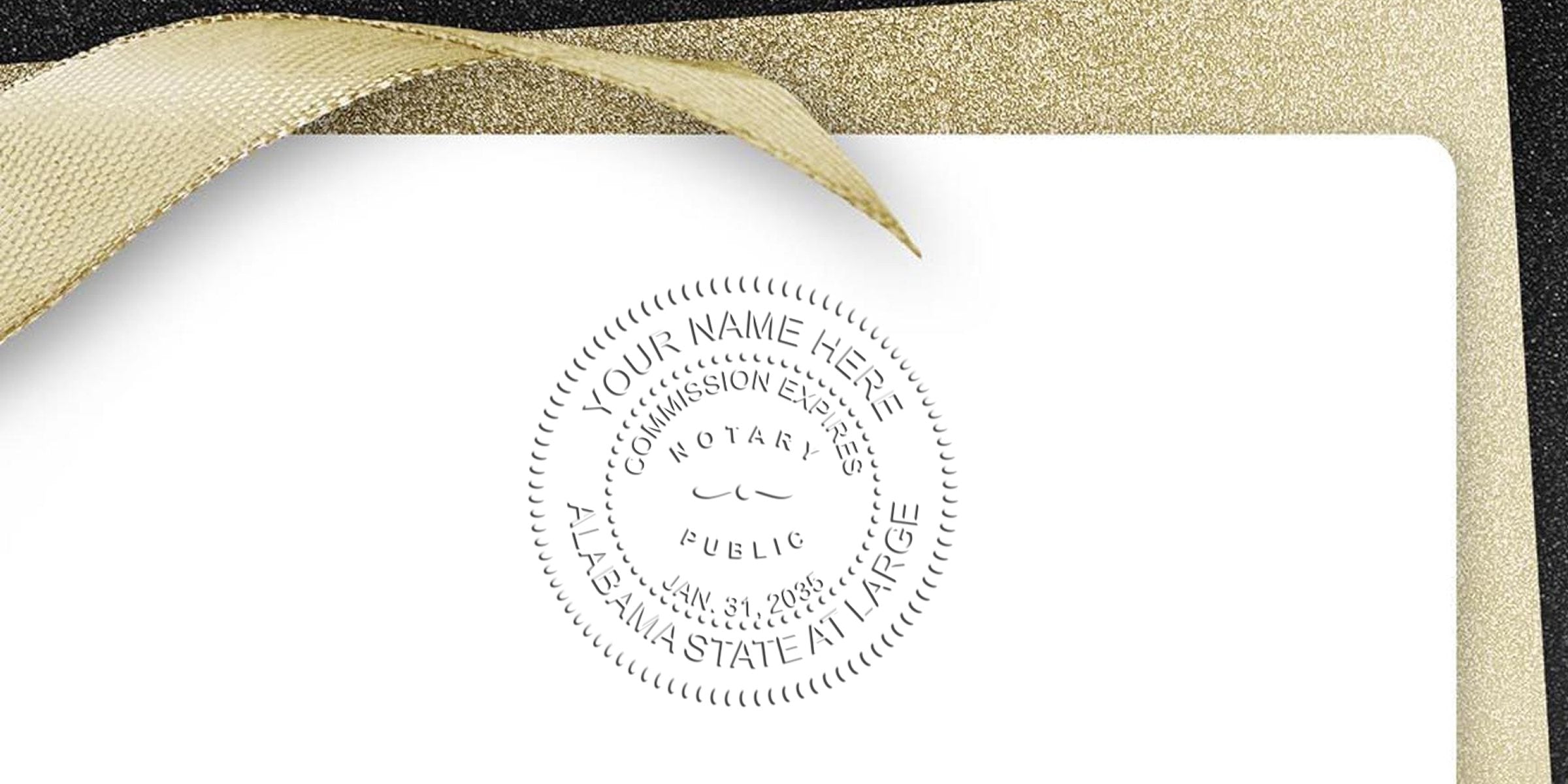 Alabama notary stamp embossed on white paper with gold ribbon, official state seal, and visible commission expiration date, representing Alabama online notary services.