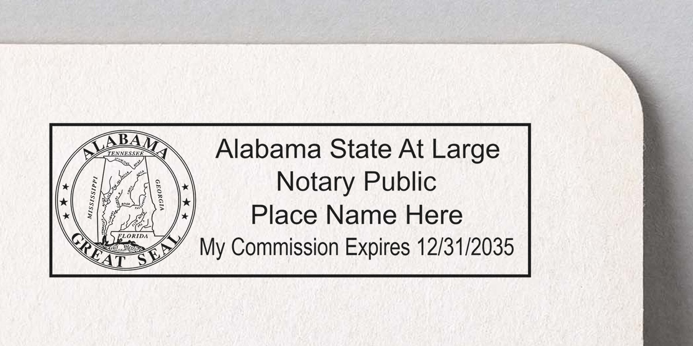 Alabama notary seal with Great Seal and commission expiration date on State At Large notary stamp, Alabama notary stamp.