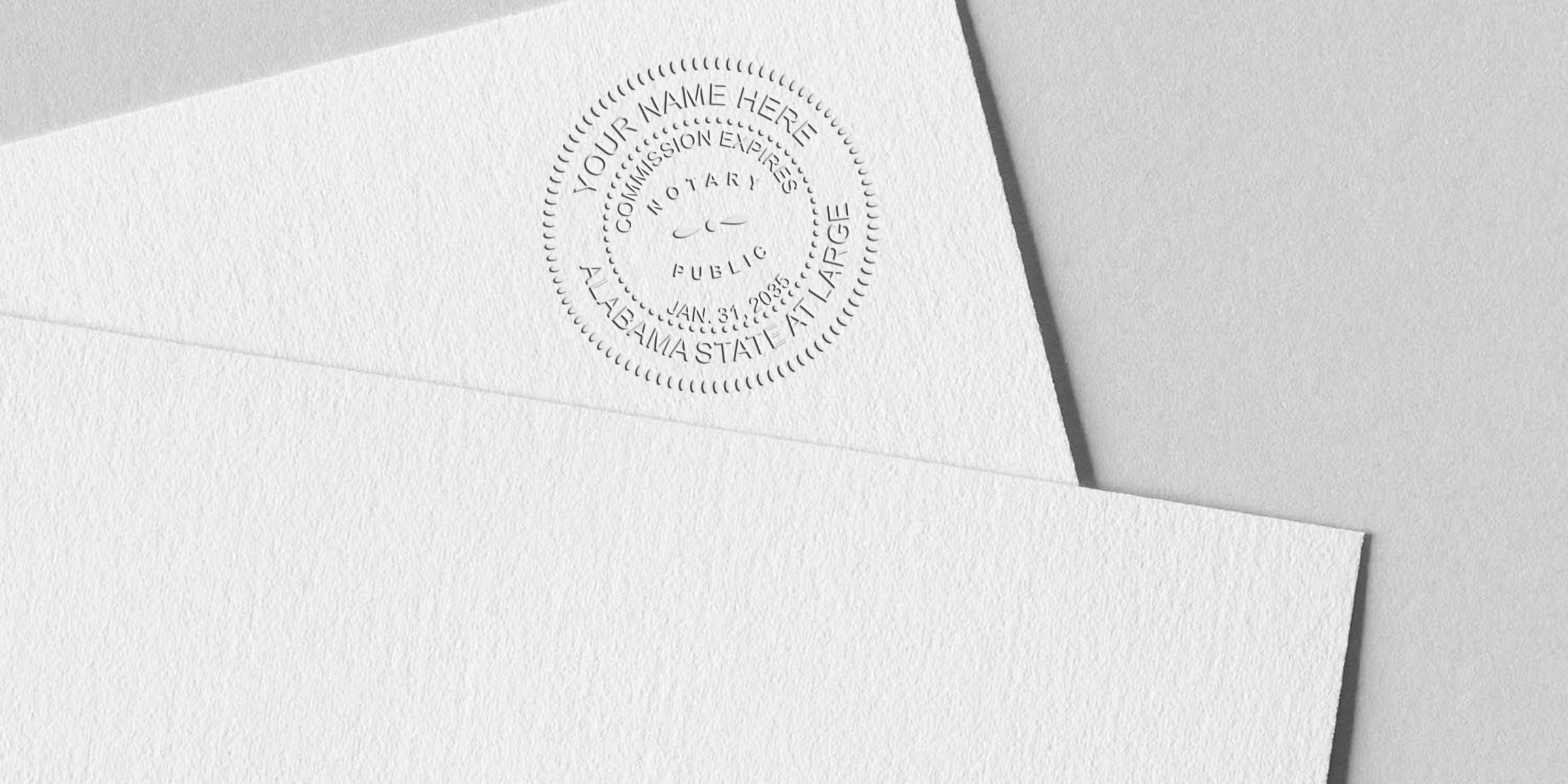 Embossed Alabama notary public seal on white paper, official commission expiration document, related to Alabama notary supplies and steps to become a notary in Alabama.