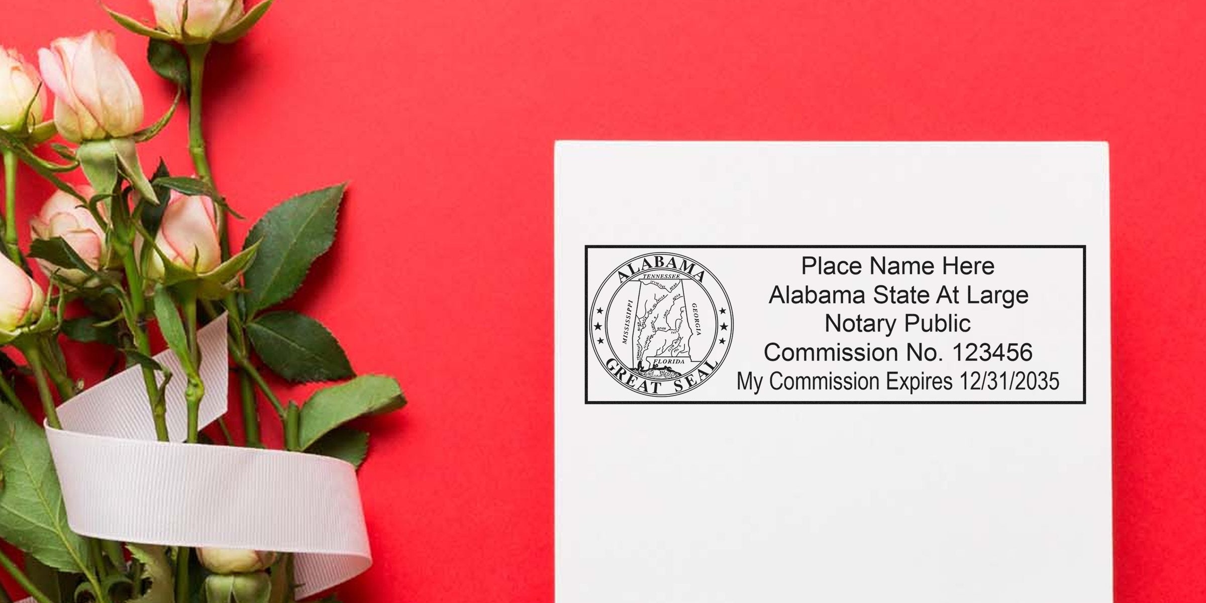 Alabama Notary Seal stamp with great seal on white paper, surrounded by pink roses and white ribbon on a red background, featuring Alabama Notary Supplies.