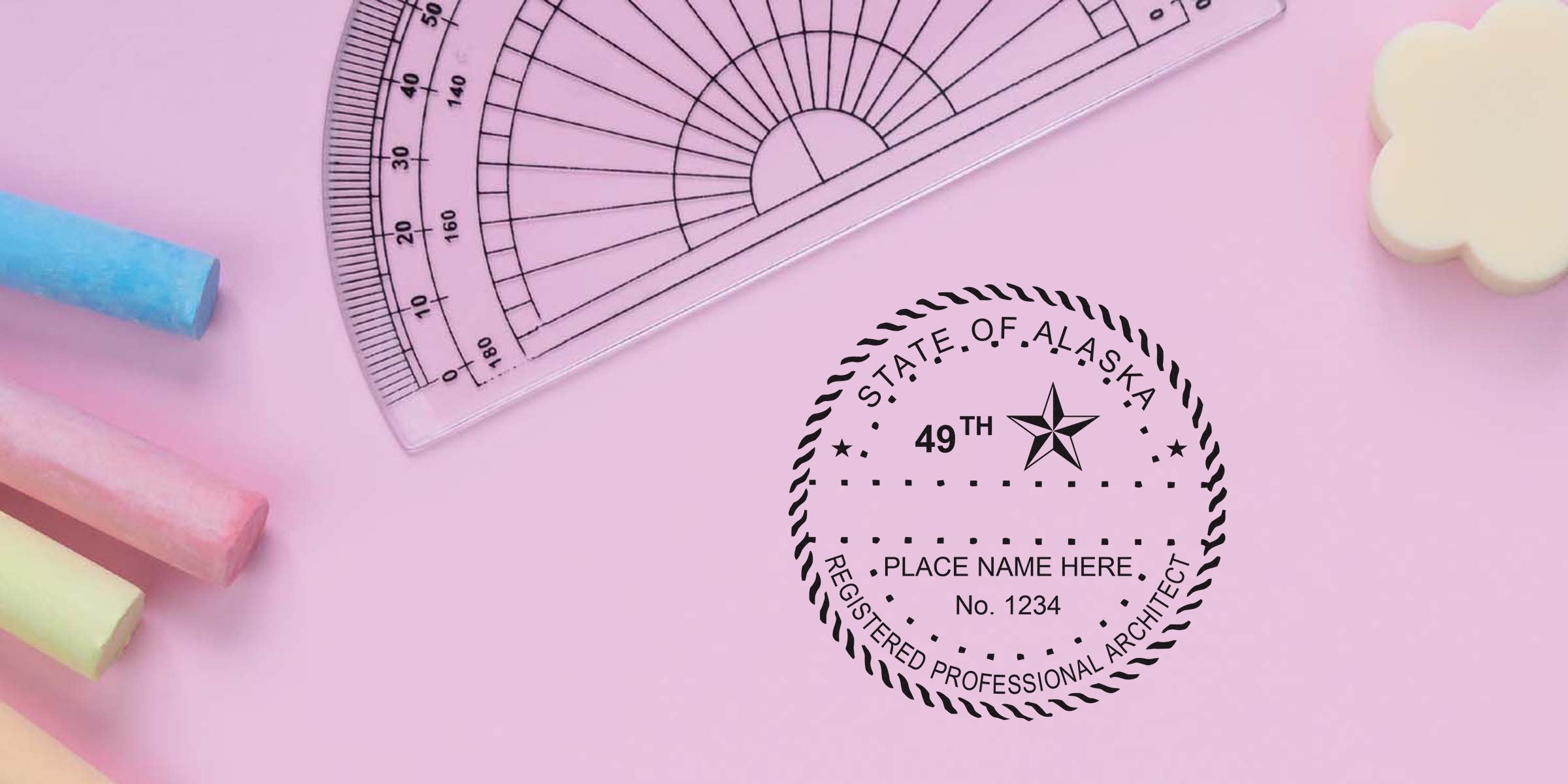Embossed Alaska architect seal with colorful chalk and protractor on a pink background, showcasing the Alaska architect stamp.