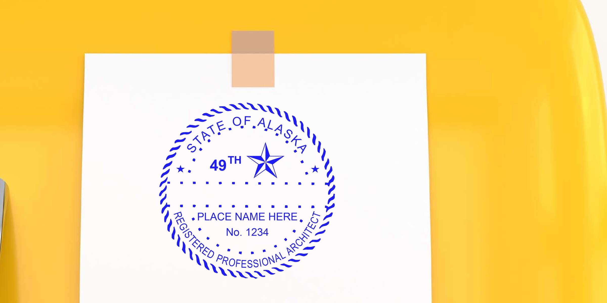 Alaska architect seal embossed on white paper with professional techniques, displayed against a yellow background.
