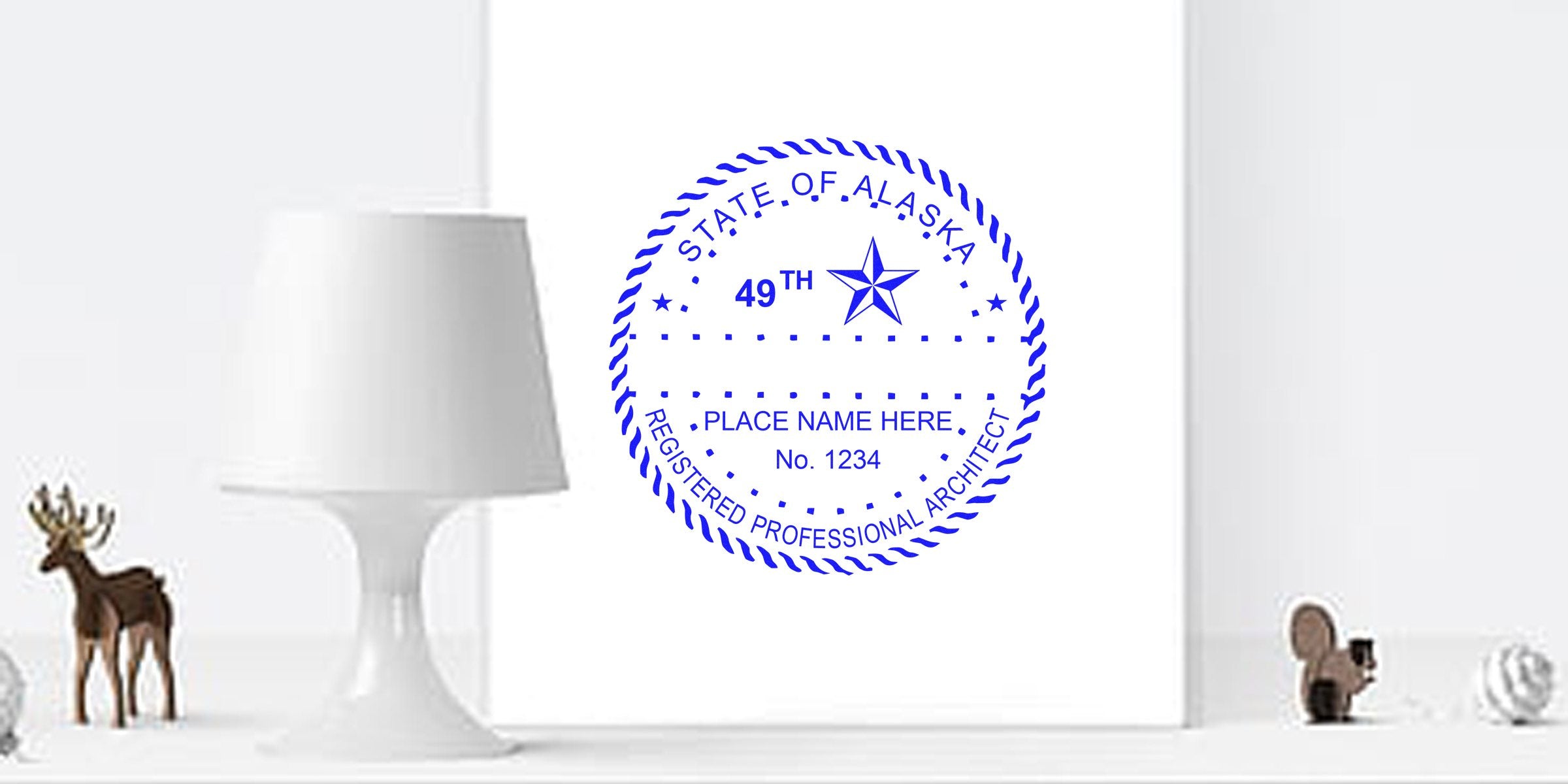 Alaska architect stamp with moose and squirrel figurines on a white shelf, showing the Alaska architect stamp application process.