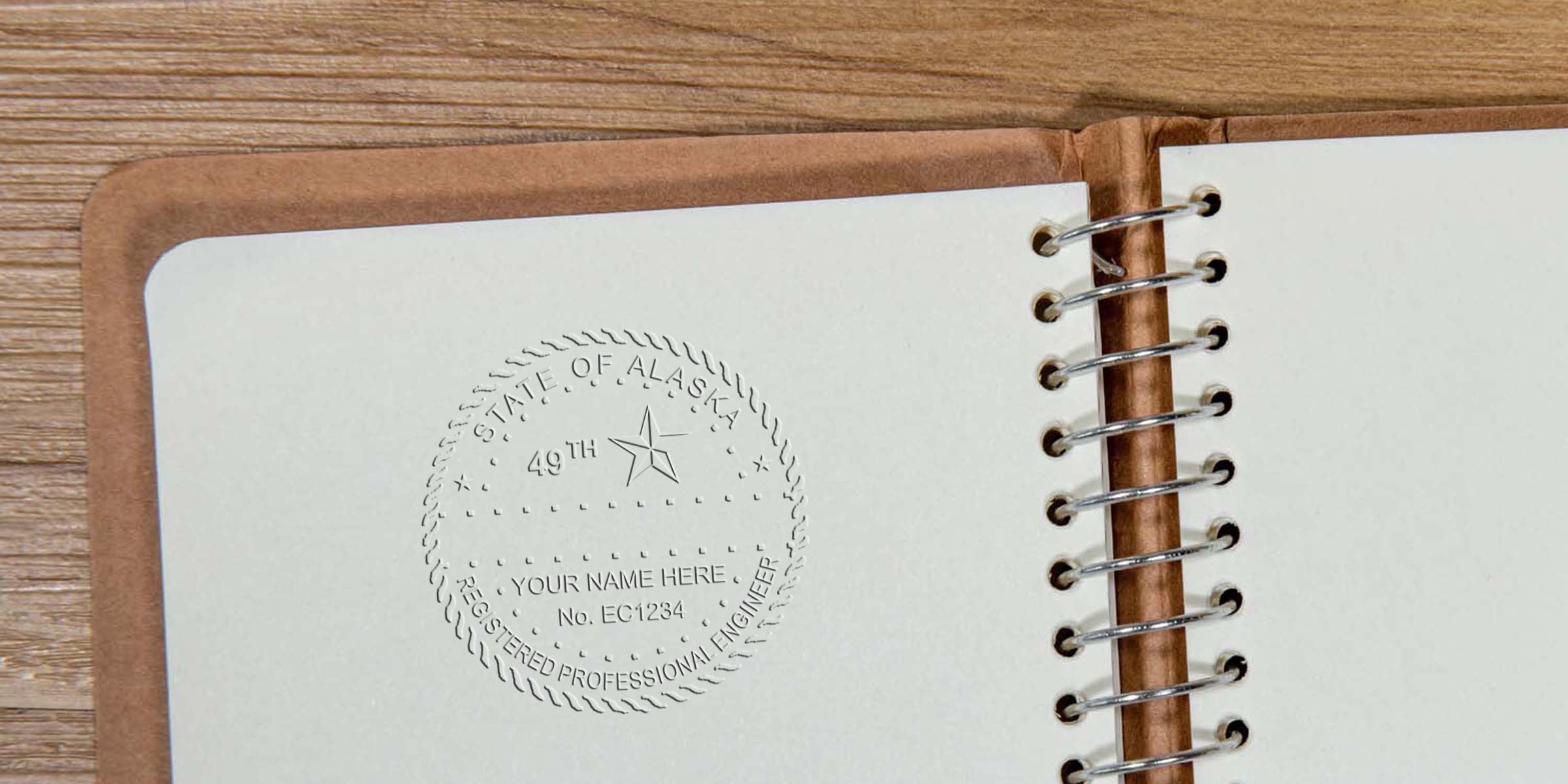 Embossed State of Alaska engineer stamp on notebook page, displaying the Alaska engineer seal and its validity.