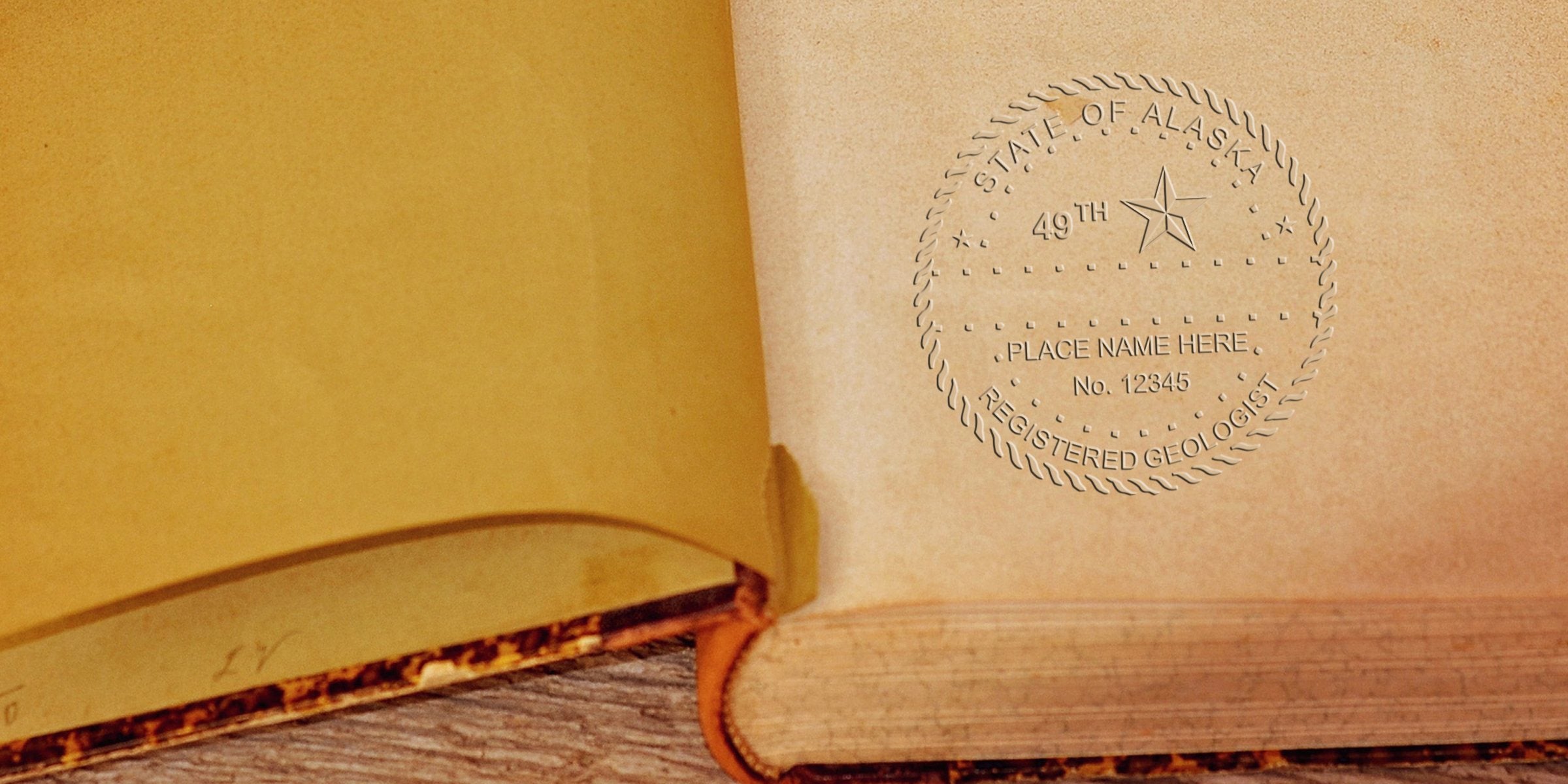 Alaska registered geologist embossed seal on vintage book page, showing Alaska geologist stamps and guidelines for professional certification and geology license verification.