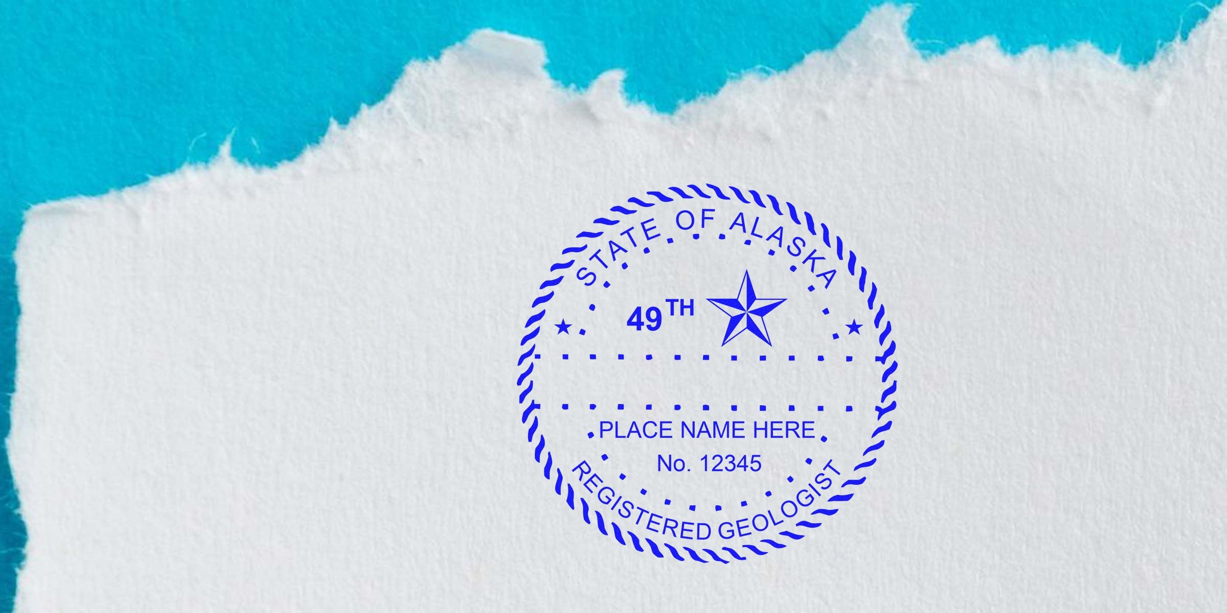 Alaska Professional Geologist Seal and Geology License stamped on torn white paper against a blue background.