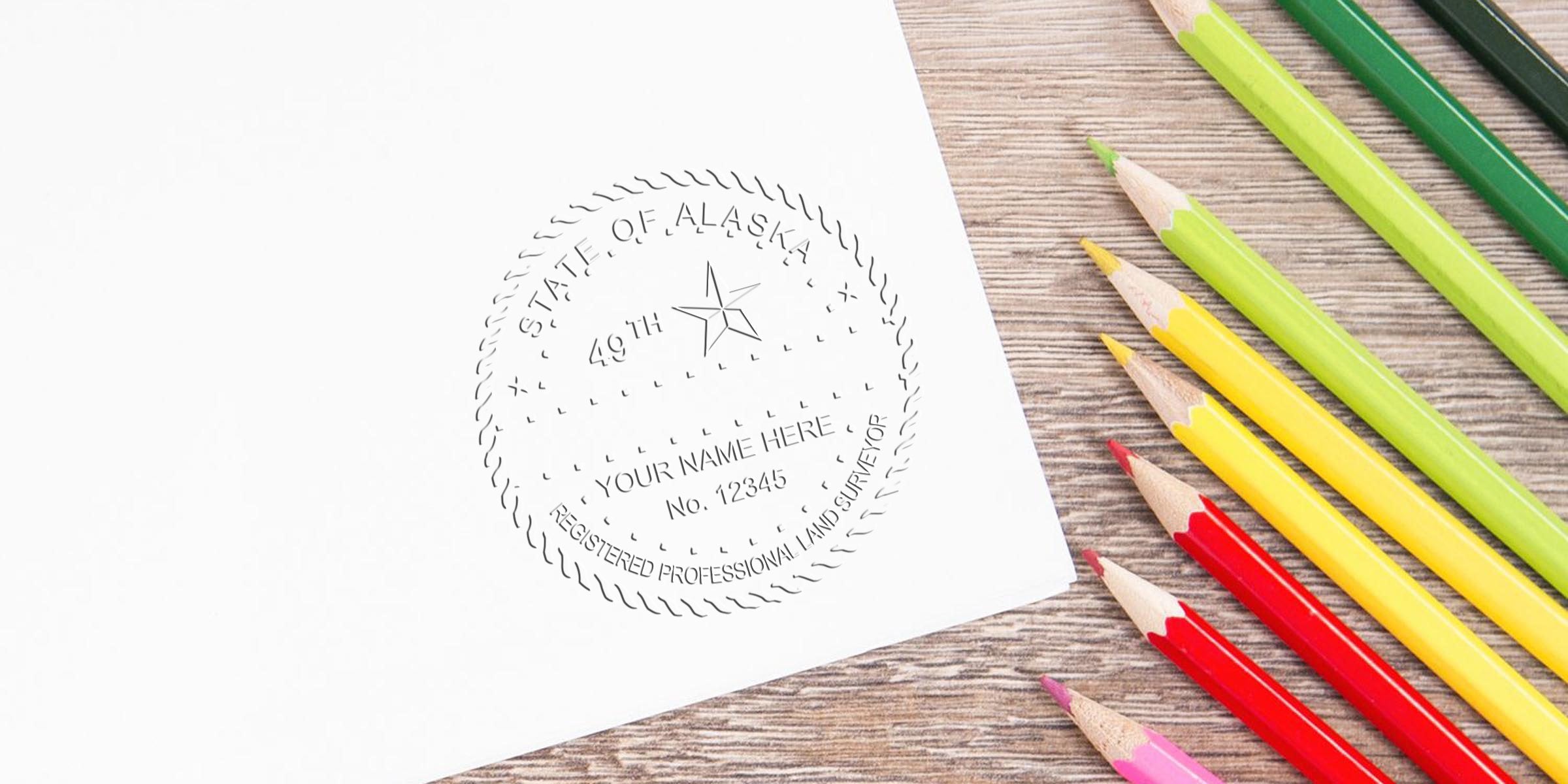 State of Alaska embossed seal on white paper with colored pencils on wooden table, showing Alaska land surveyor stamp and custom surveyor stamp for professional certification.