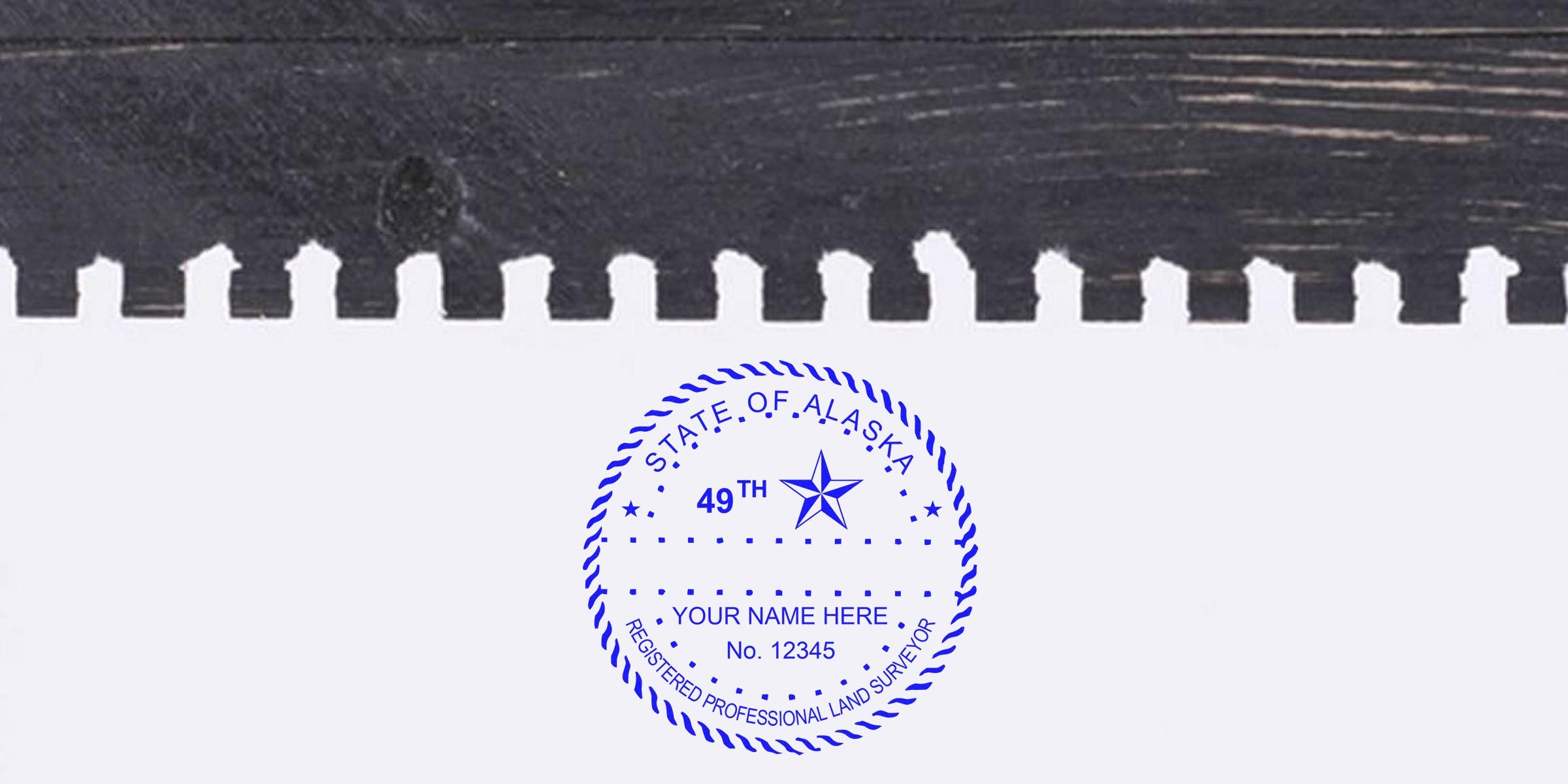 Professional land surveyor stamp, State of Alaska, blue ink on white paper.