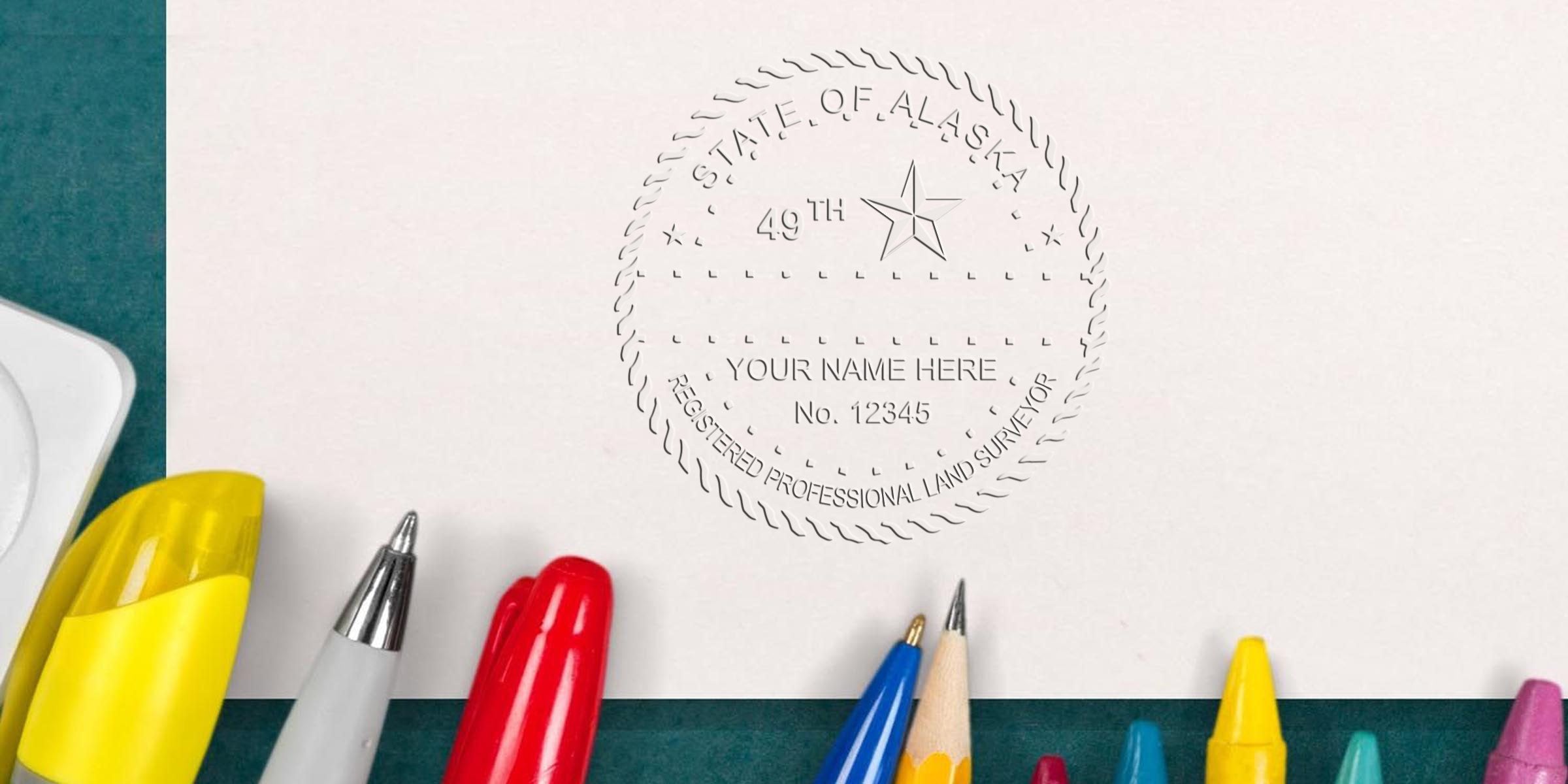 Alaska professional land surveyor embossed seal on white paper with colorful pens on green background, featuring Alaska land surveyor stamp meeting all land surveyor stamp requirements.