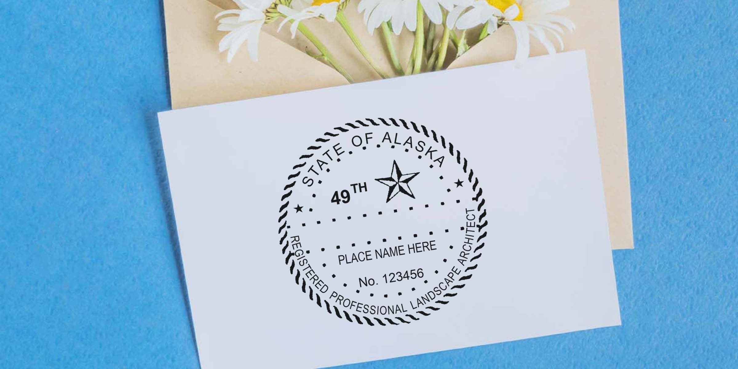 State of Alaska landscape architect certification seal stamped on white card with flowers and a blue background, displaying Alaska landscape architect seals.