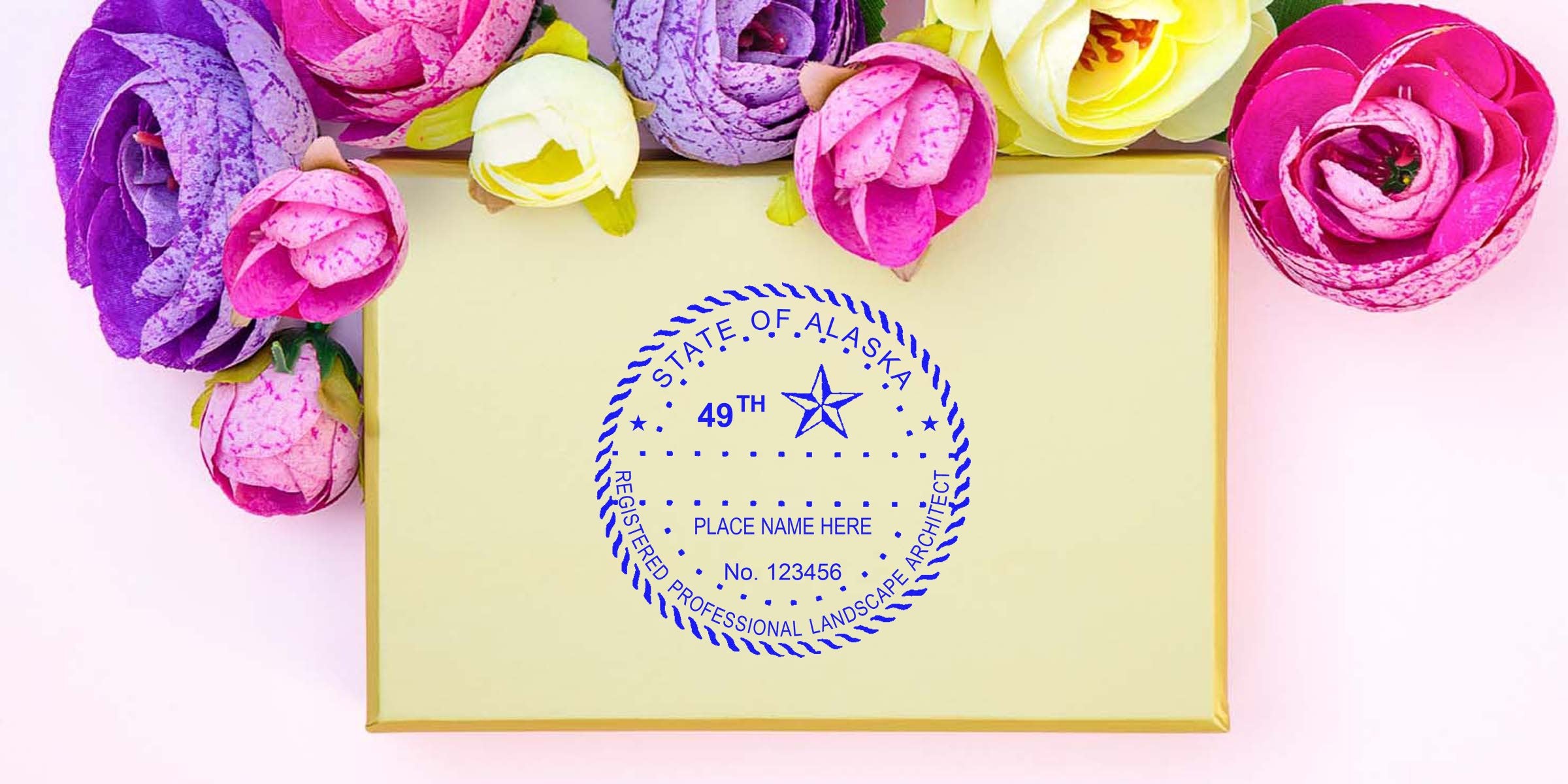 Alaska landscape architect stamp on yellow envelope with colorful flowers, showing State of Alaska registered professional landscape architect seal and online landscape architect certification.