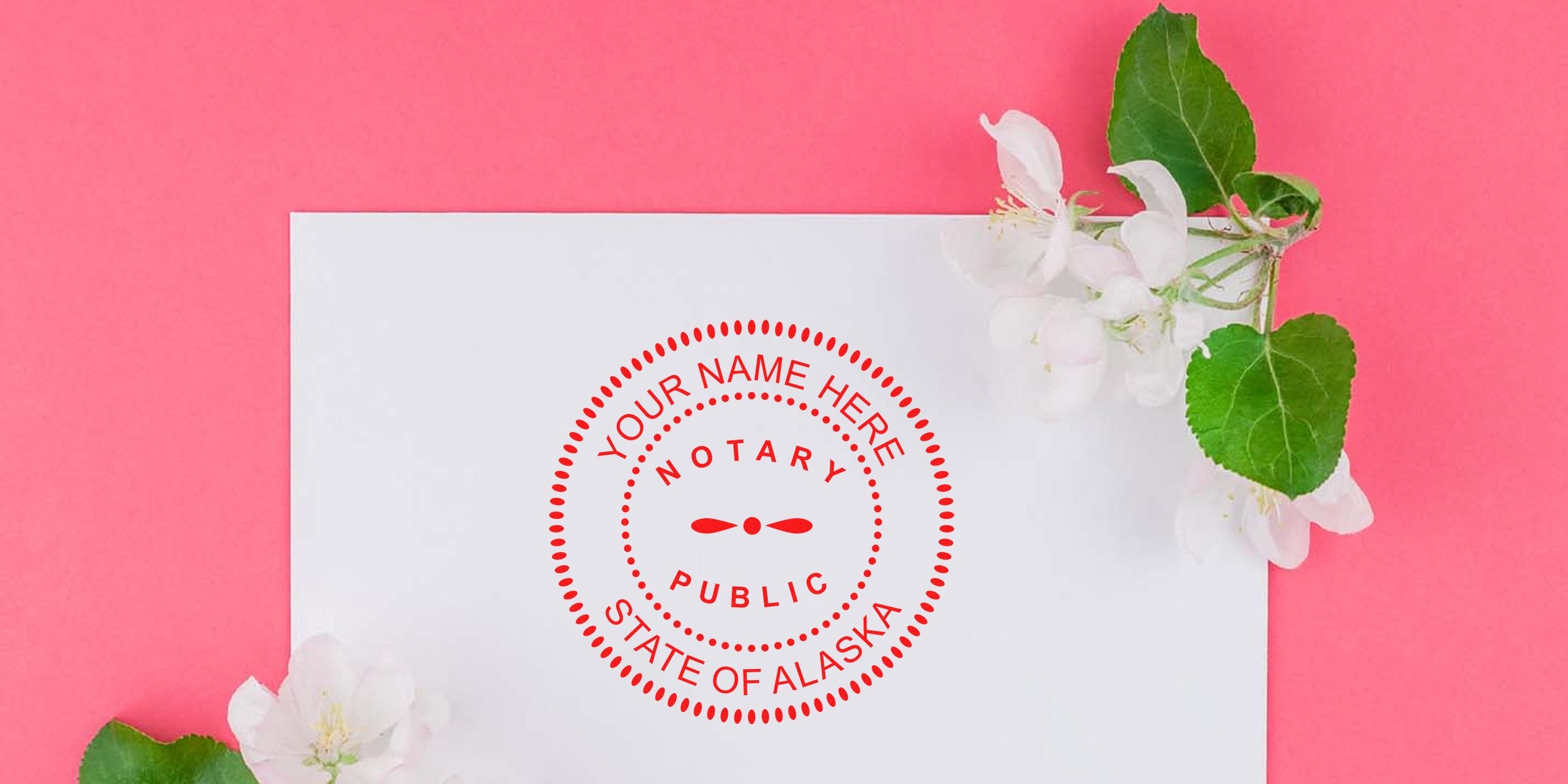 Top notary stamp Alaska on white paper with public seal, framed by flowers on a pink background.