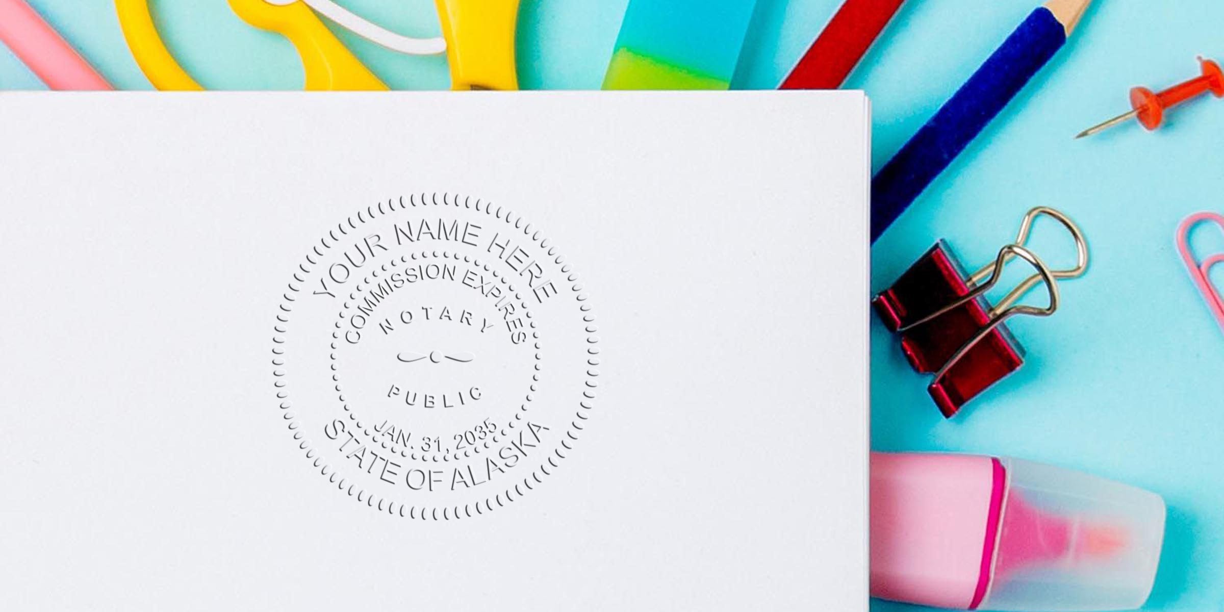 Alaska notary seal embossed on white paper with office supplies nearby. Purchase your notary seal online today.