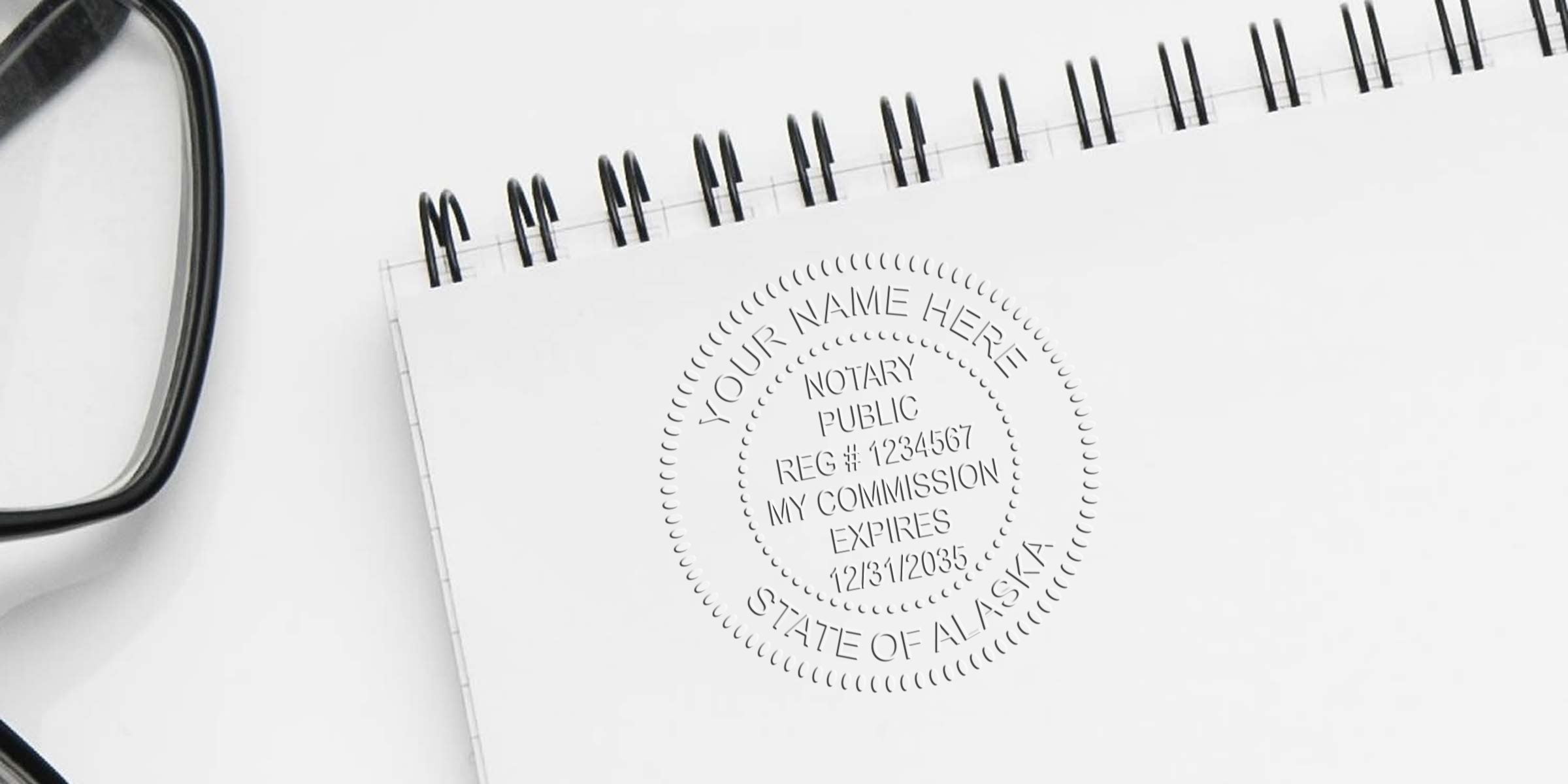 Alaska notary public stamp on white spiral notebook with glasses, showing Alaska notary stamp law and requirements.
