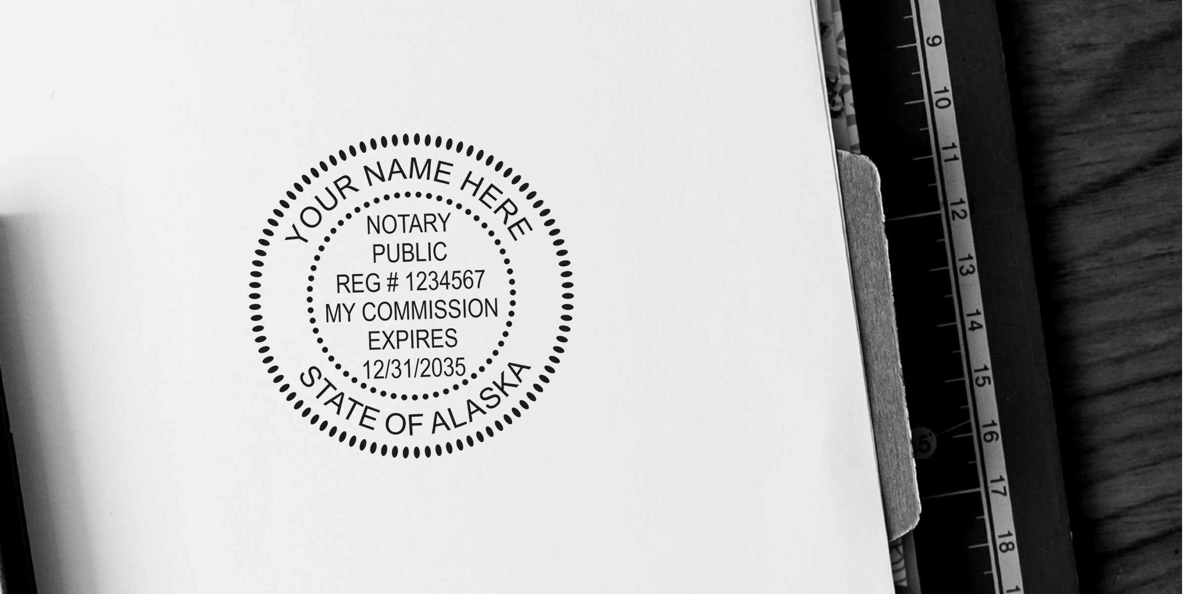 Alaska notary stamp on official document displaying stamp format and commission expiration date.