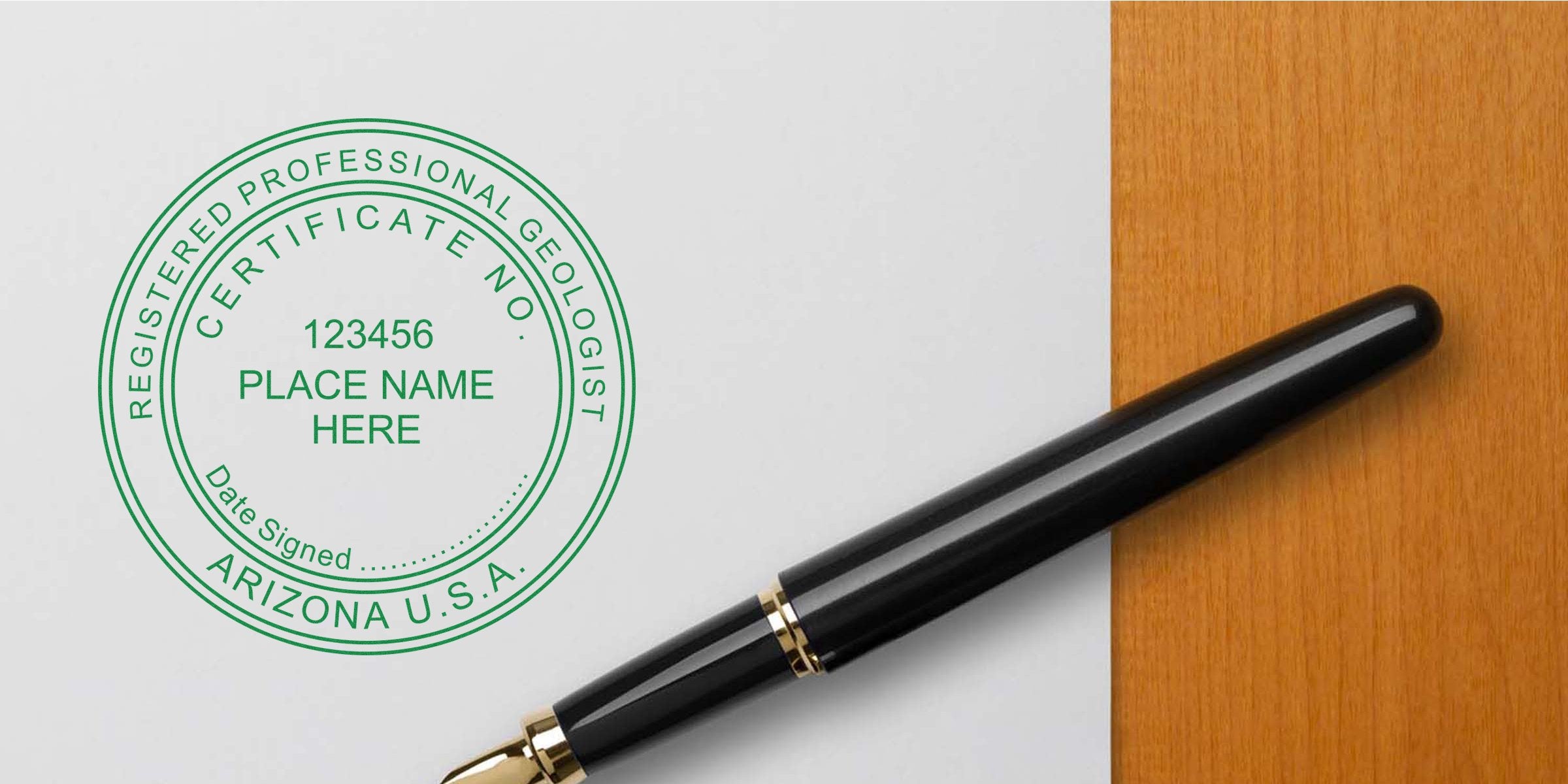 Registered professional geologist certificate with Arizona geologist stamp and black fountain pen on wooden table, emphasizing geologist stamp rules.