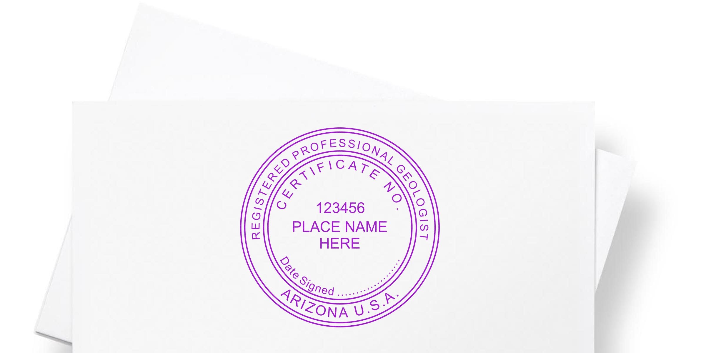 Custom Arizona Geologist Seal with Registered Professional Geologist stamp in purple ink on white paper, USA.