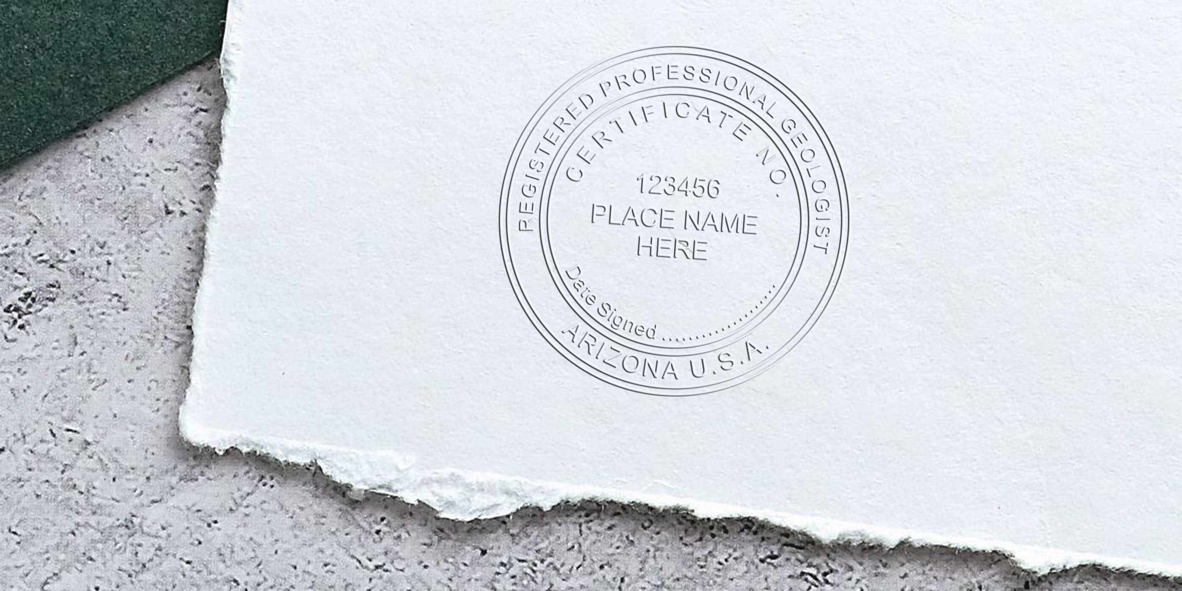Embossed professional geologist certificate seal on textured paper, Arizona USA, for geologist stamp replacement and renewal in Arizona.