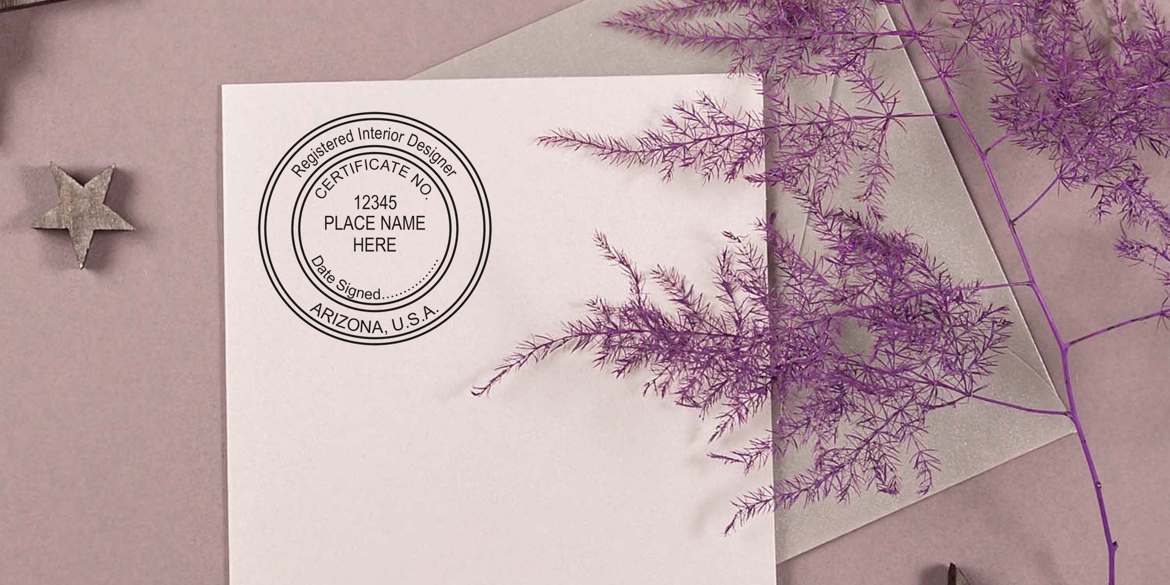 Registered interior designer certificate with Arizona seal, showcasing purple decorative foliage and star on beige background.