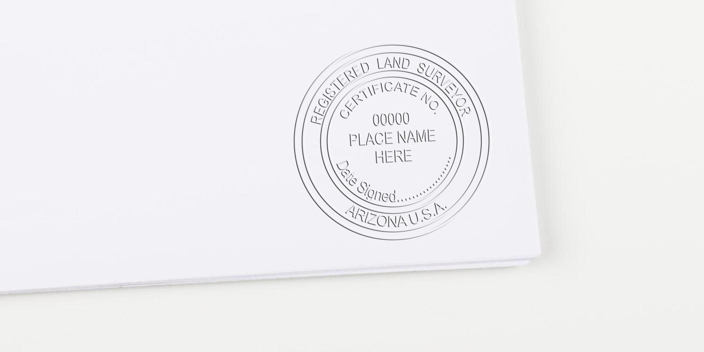 Arizona land surveyor stamp on white paper certifying land survey requirements in Arizona, USA.