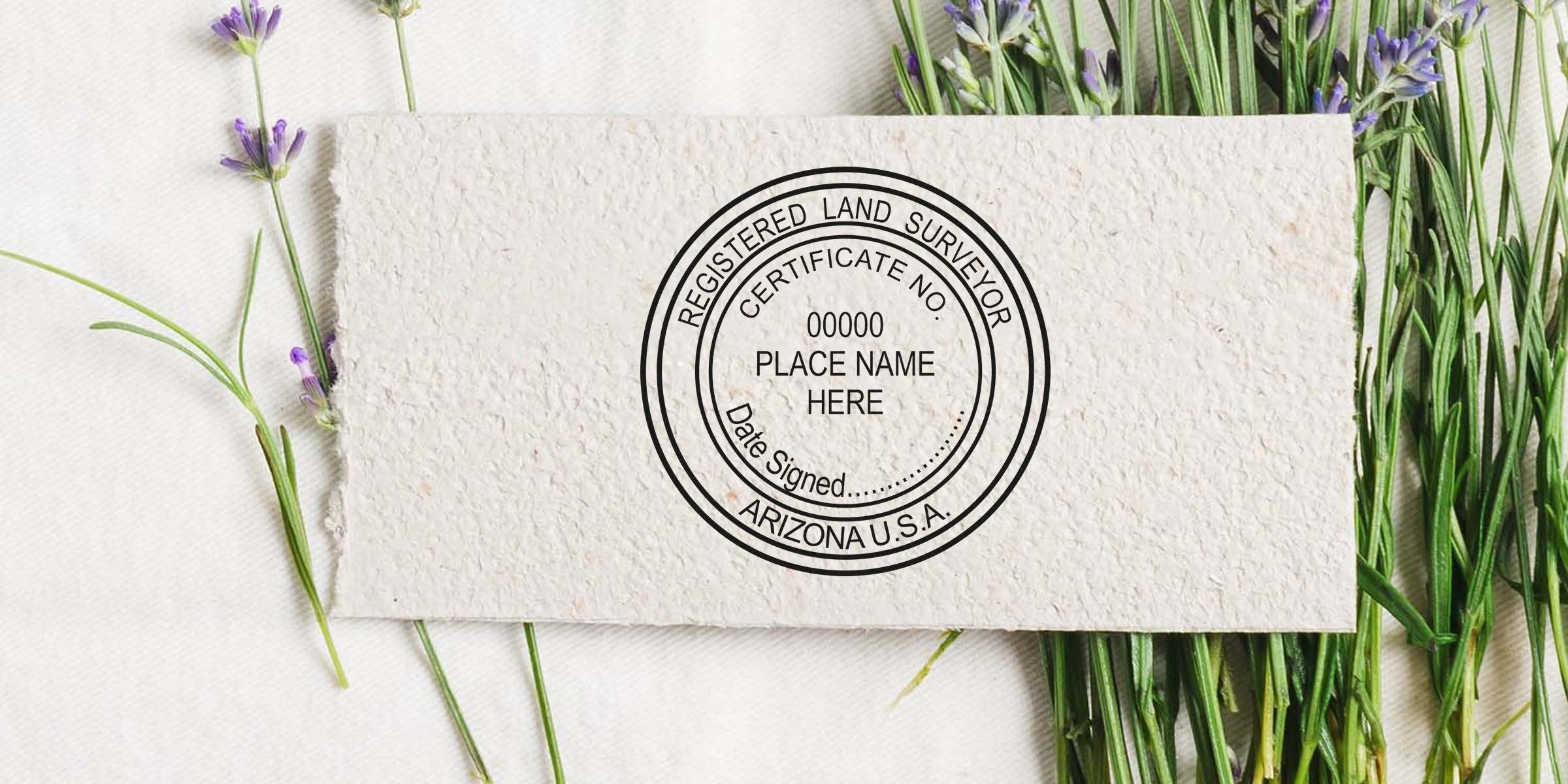 Arizona land surveyor stamp on textured paper with lavender flowers, meeting all official certification requirements.