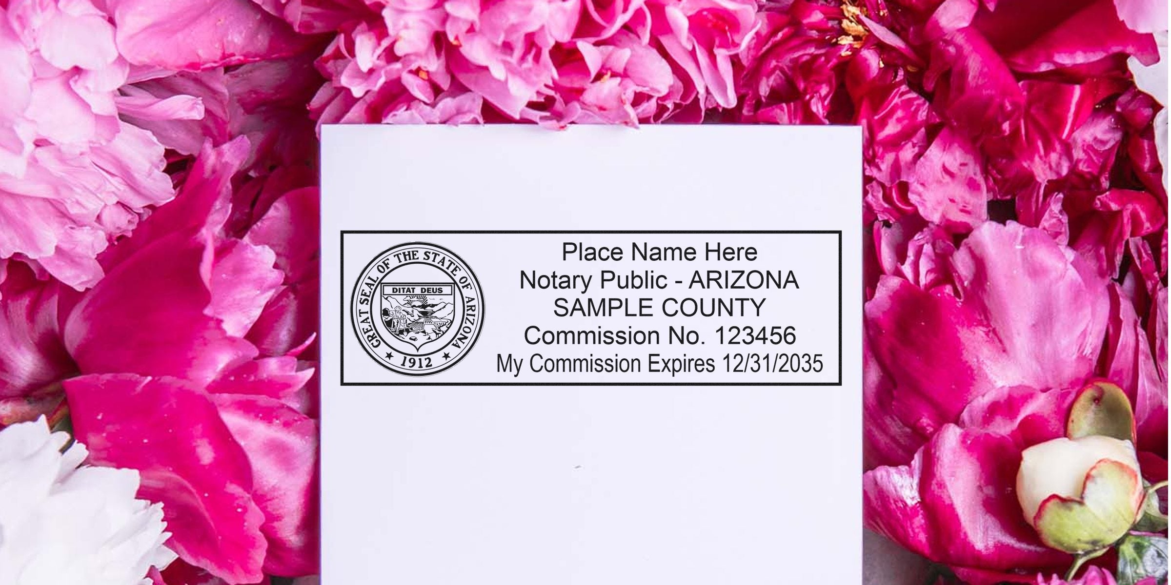 Arizona notary public stamp with commission info, surrounded by pink and white flowers, showcasing Arizona notary supplies and essentials.