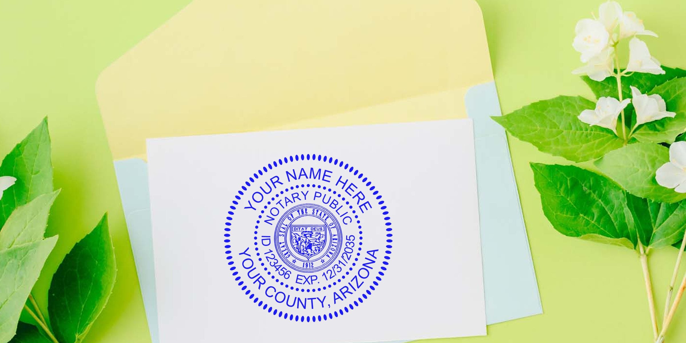 Arizona notary public seal on white card with green leaves and flowers, highlighting Arizona notary stamp renewal and stamp requirements.
