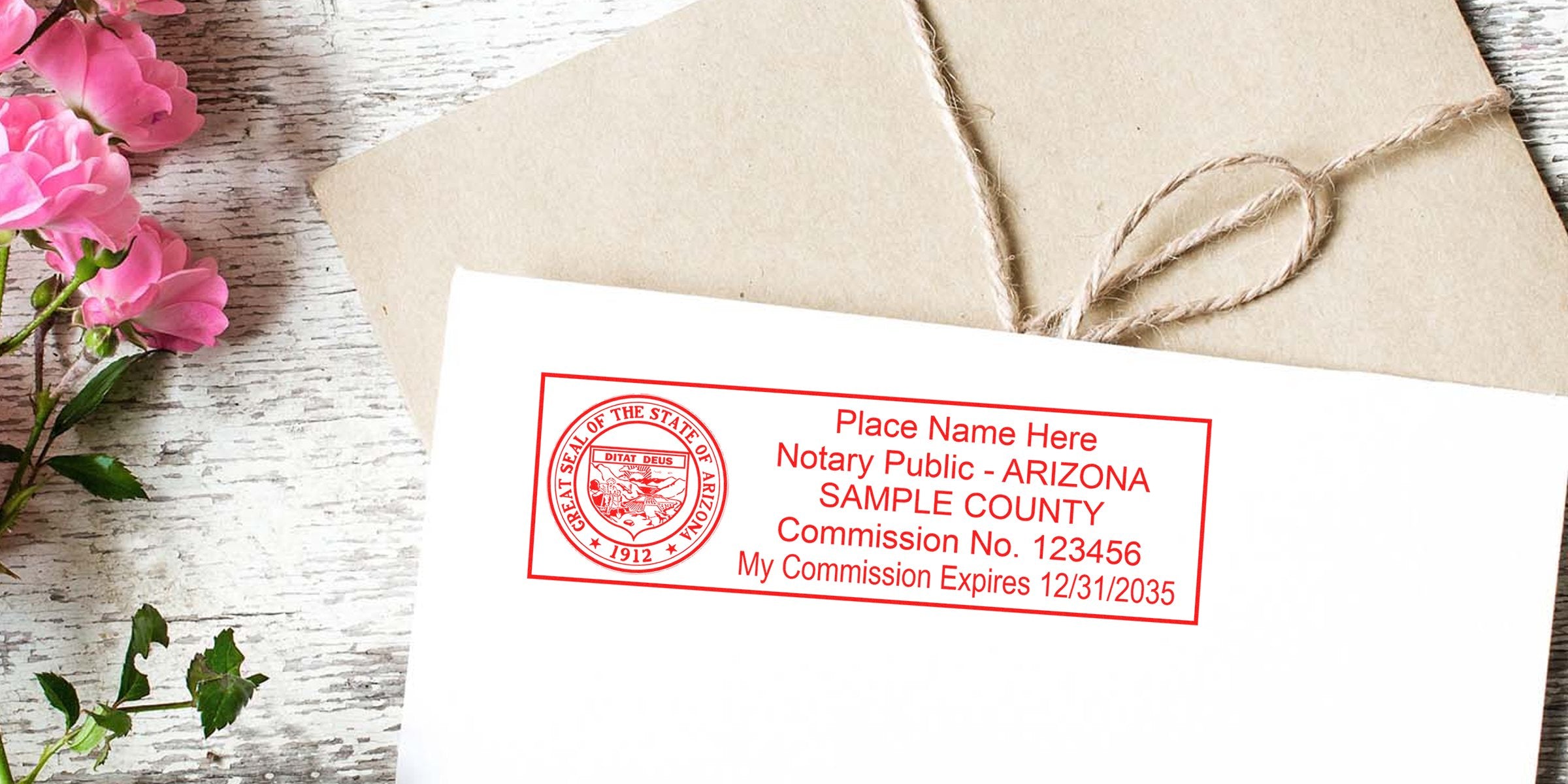 Arizona notary public stamp on envelope with pink flowers and rustic wood background, highlighting notary supplies for a smooth signing experience.