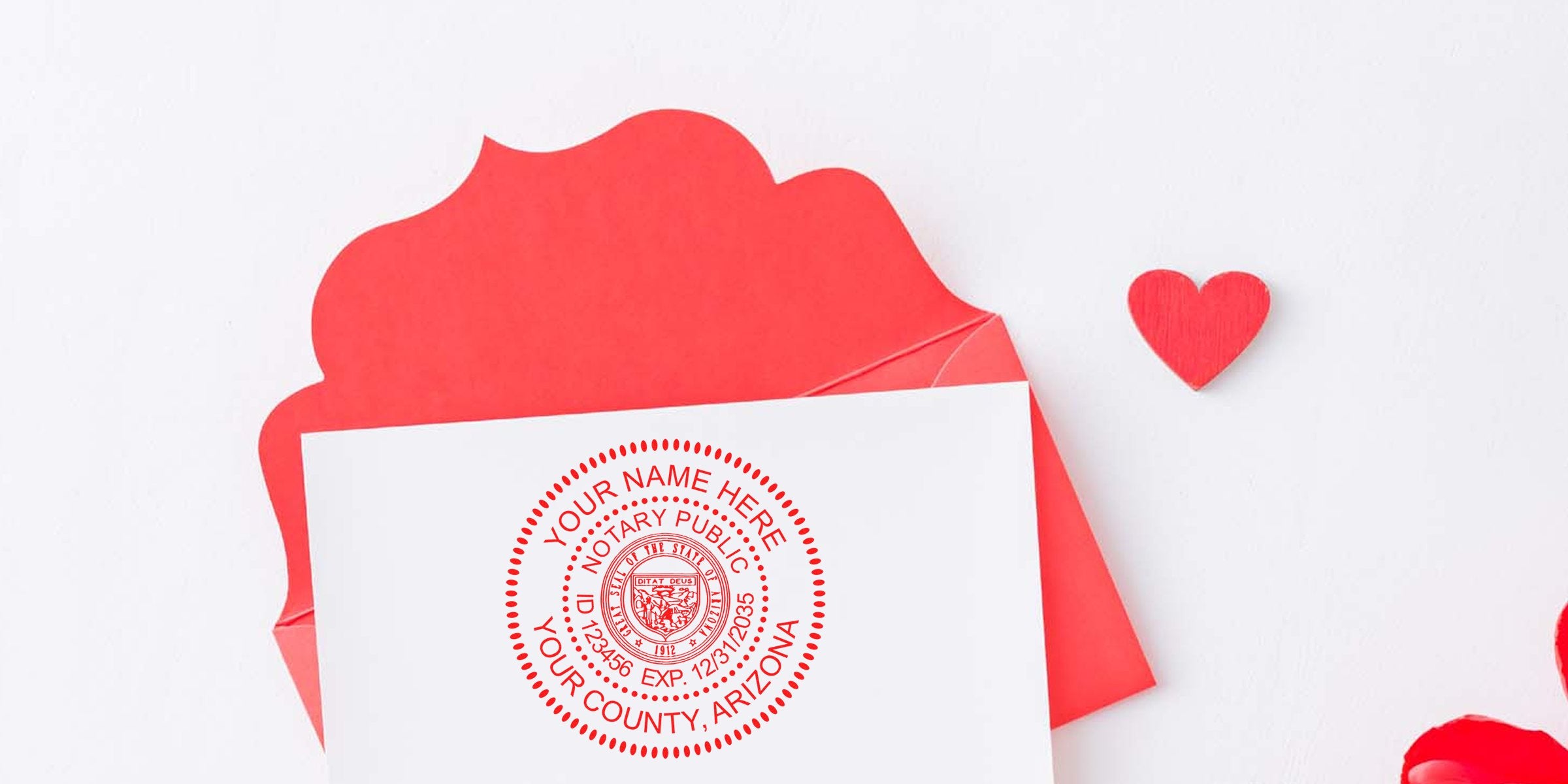 Red Arizona notary stamp on white card with red envelope and hearts, symbolizing Arizona notary services; purchase your notary stamp online today.