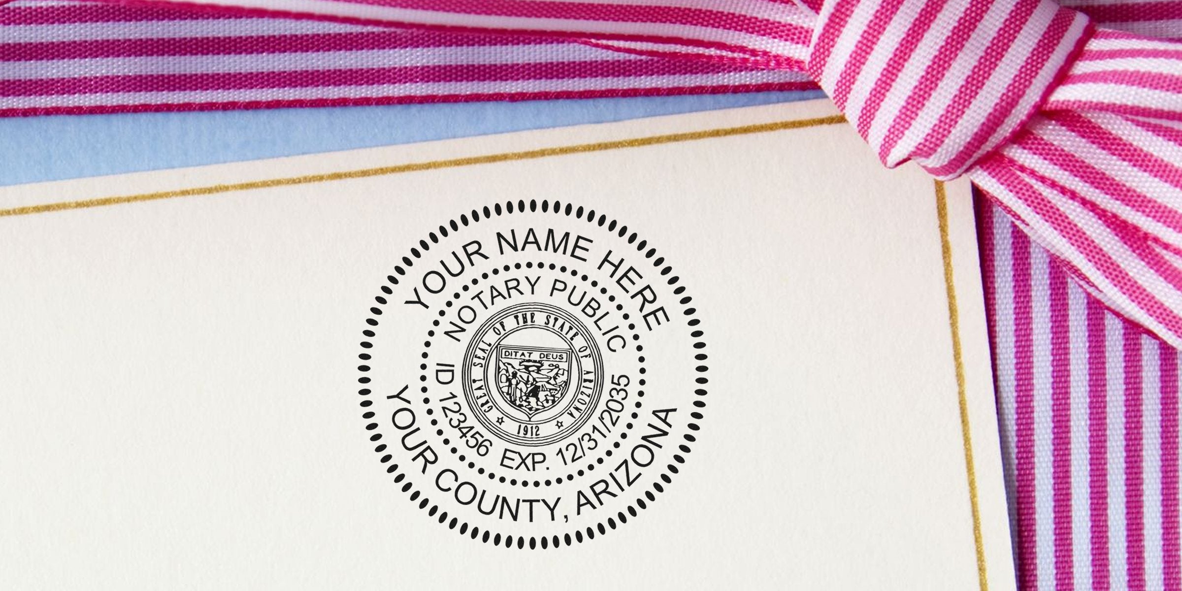 Arizona notary public seal stamped on certificate with pink striped ribbon, showing official Arizona notary seal.