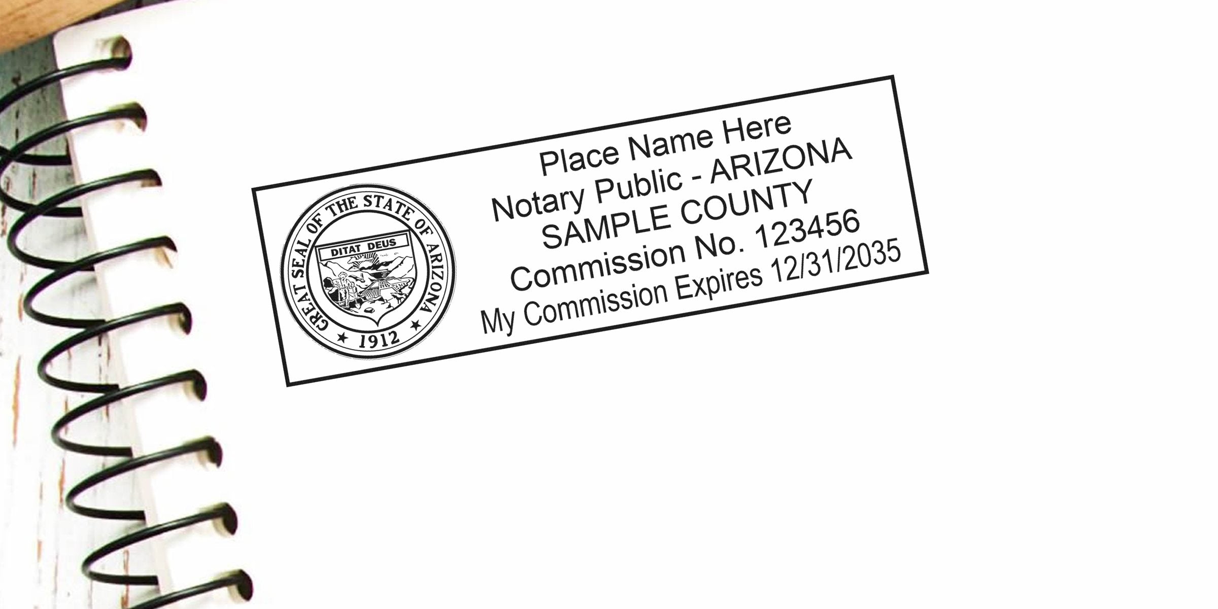 Arizona notary seal stamp with commission number and expiration date on a notebook page, meeting Arizona notary seal requirements.