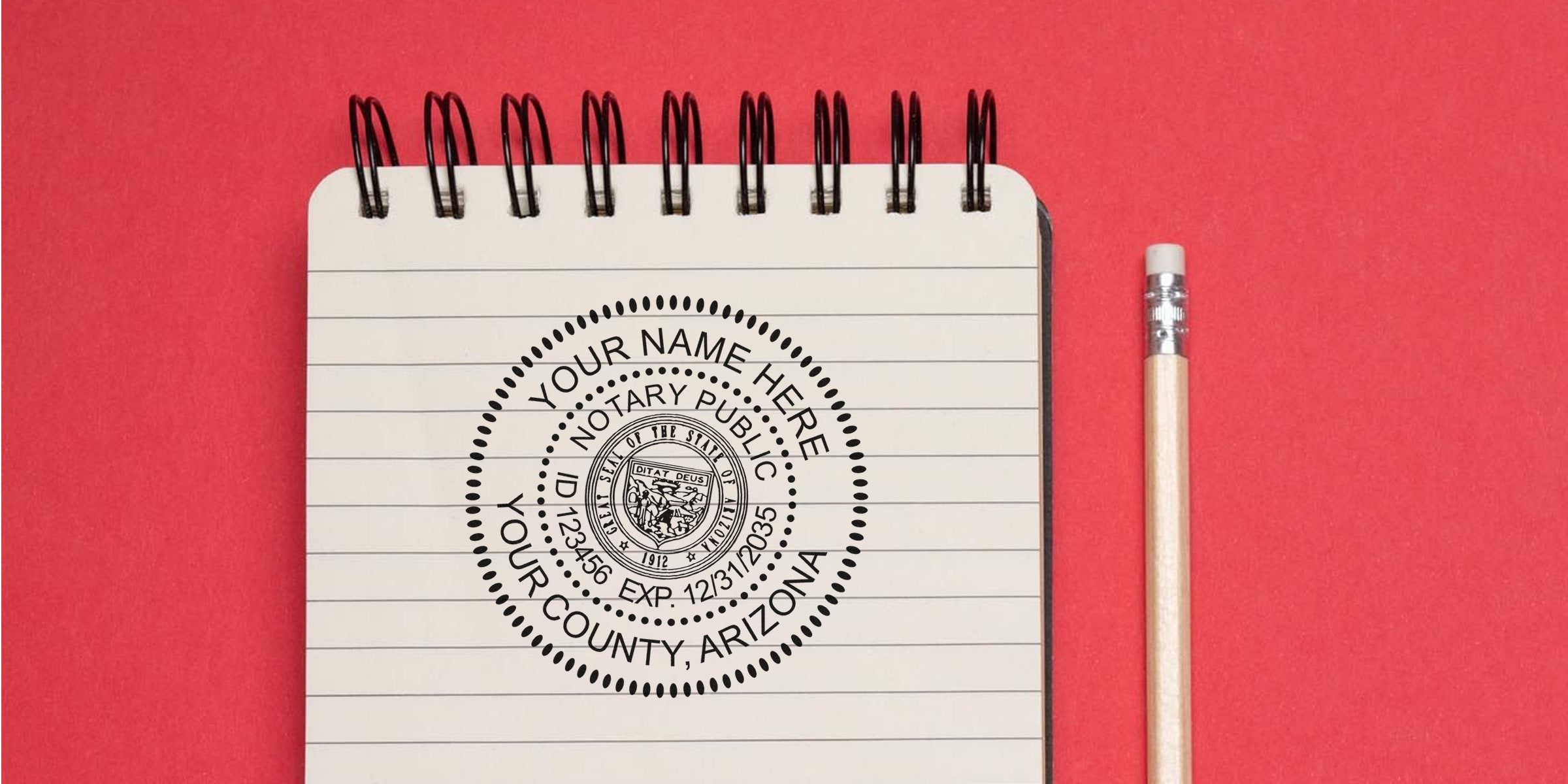 Notary public stamp on lined notebook with pencil, red background, highlighting Arizona notary seal expiration and renewal services.