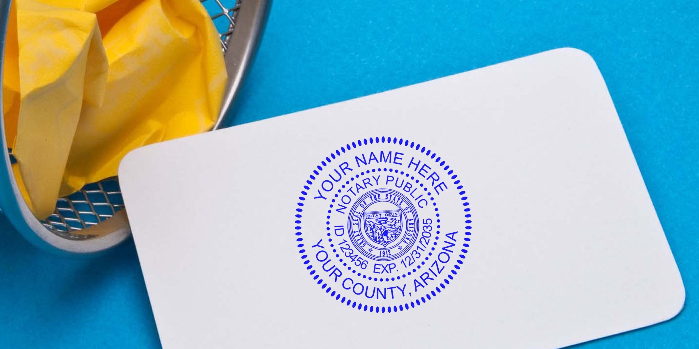 Arizona Notary Stamp on white card with blue ink, personalized seal for official use. Buy Arizona Notary Stamp design for your documents.