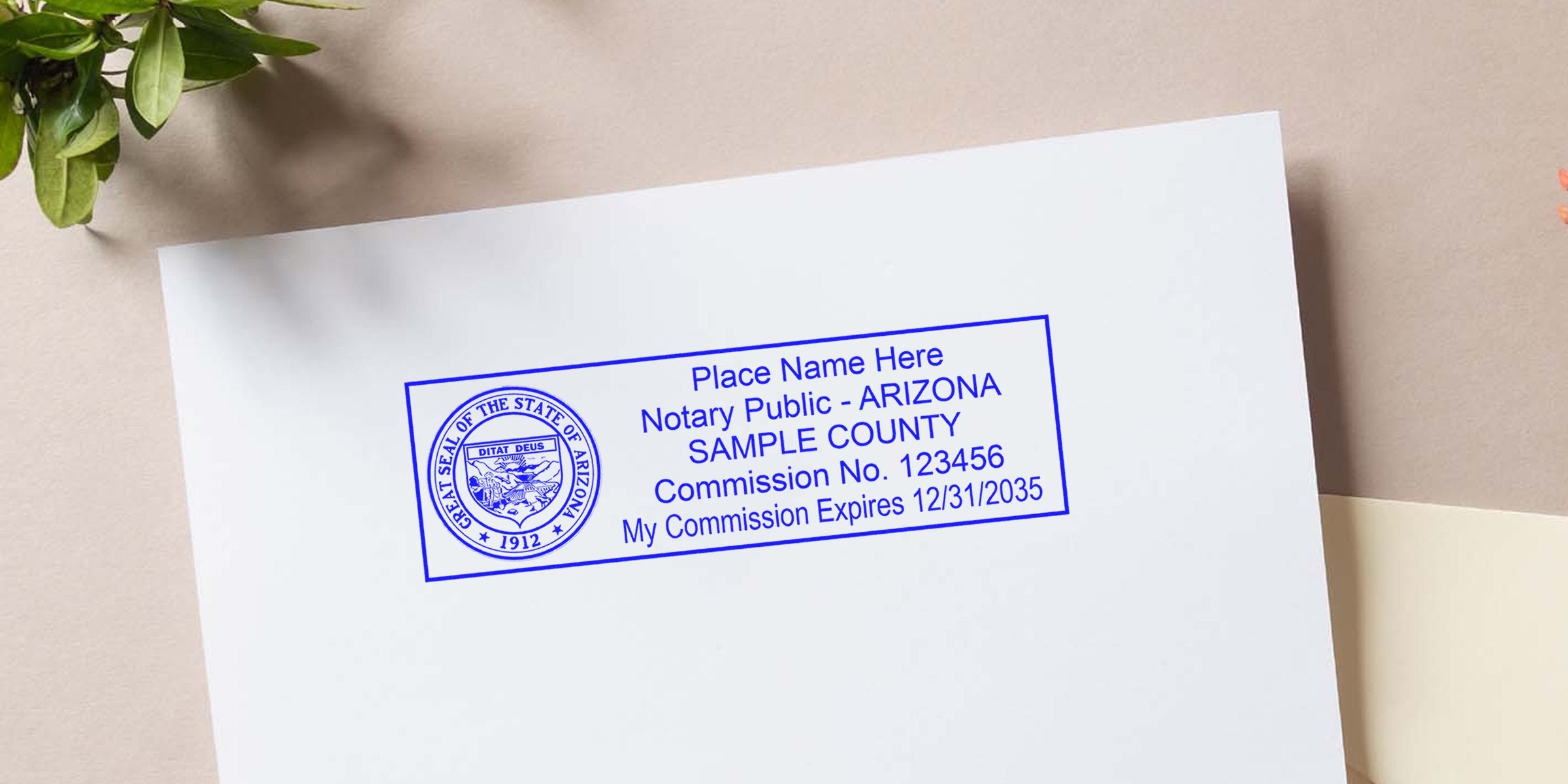 Arizona notary public stamp on white paper showing commission number, expiration date, seal dimensions, and notary seal size details.