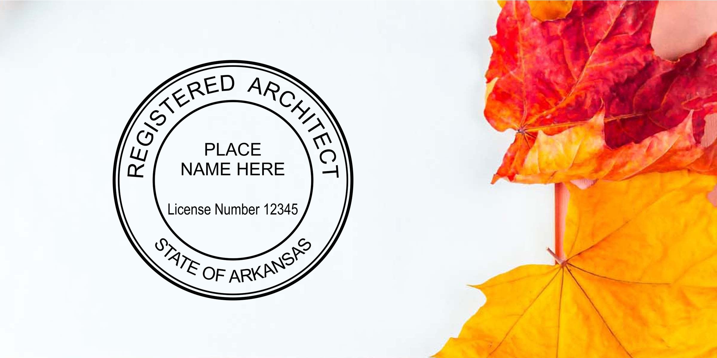 Arkansas architect seal embossed by a pro embosser on an autumn maple leaf background.